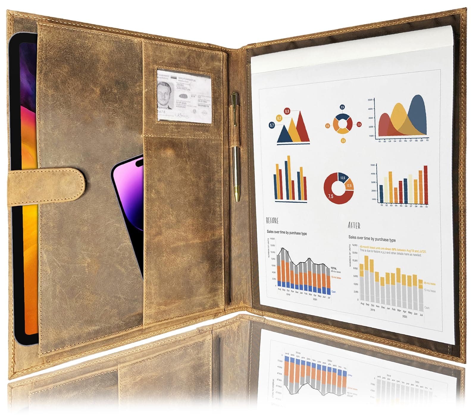 Leather A4 Conference Folder | Professional Organizer for Men and Women | Handmade Durable Leather Portfolio with Sleeves for Documents and Notepad by Rustic Town (Brown)