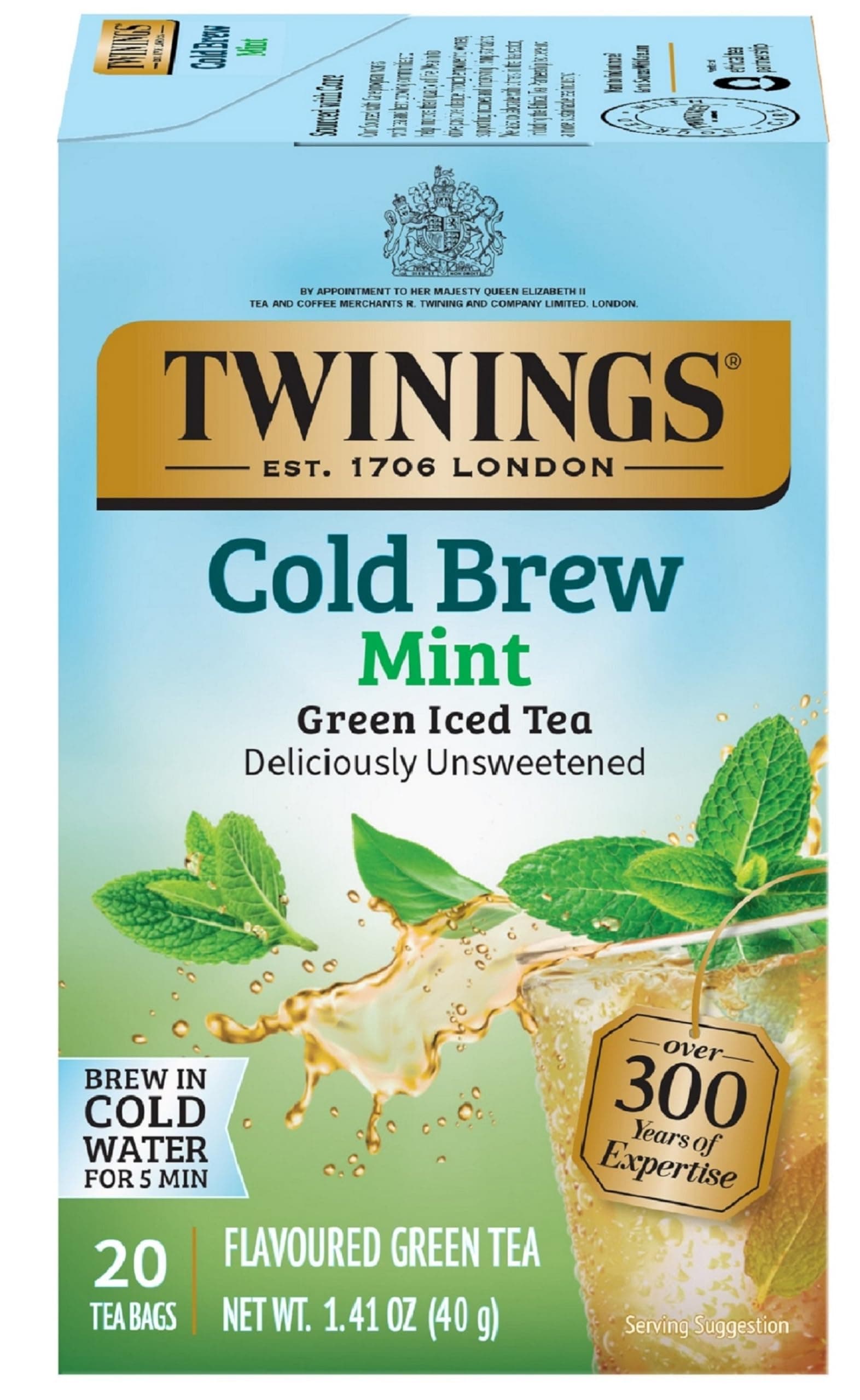 Twinings Cold Brewed Iced Tea - Mint Flavored Green Tea with Peppermint Leaves, Caffeinated Green and Black Tea Extracts, Unsweetened Cold Brew Tea Bags Individually Wrapped, 20 Count