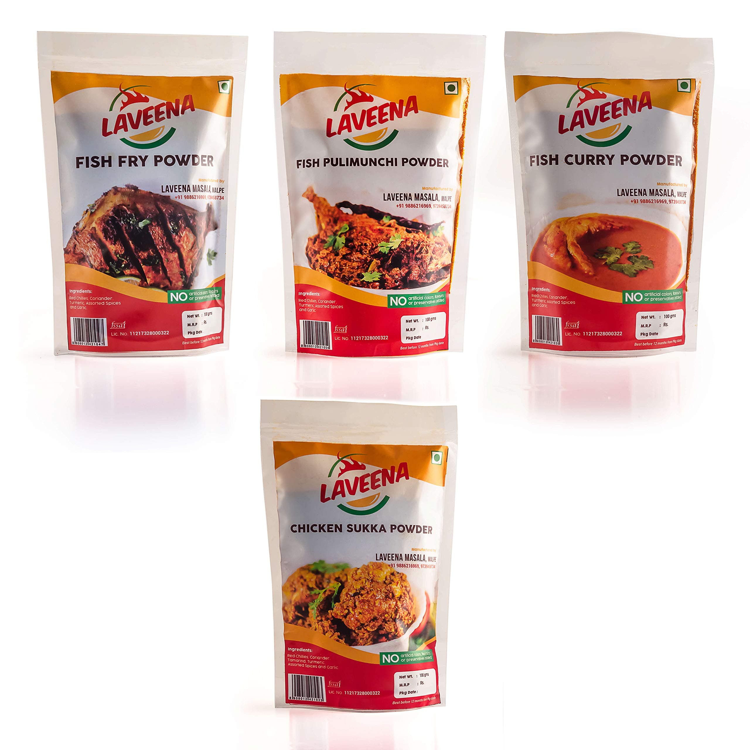 Laveena Masala Fish Curry, Fish Fry, Fish Pulimunchi & Chicken Sukka Powder Combo, 1 Count