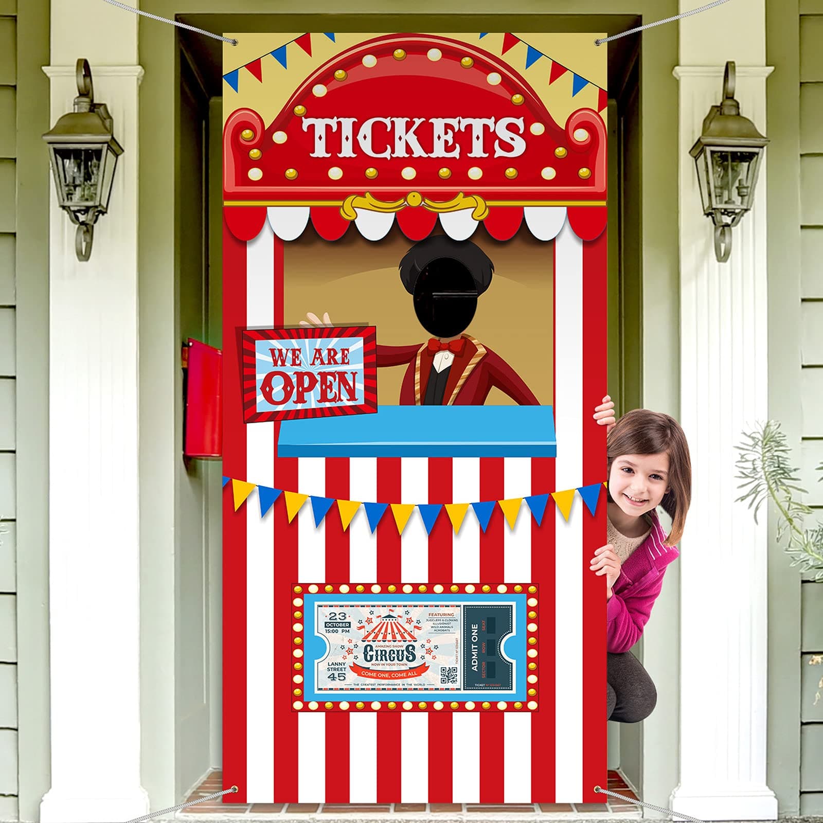 Carnival Circus Theme Party Decorations, Halloween Carnival Photo Door Banner Ticket Booth Backdrop Props, Large Photo Door Banner Door Hanging for Halloween Decorations Carnival Game Supplies