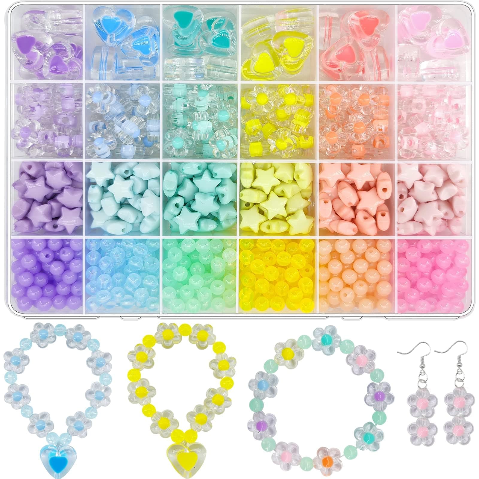 JJzxwish 798Pcs Acrylic Star Beads Hart Beads Flower Round Bead, Macaron Colors Pastel Bead Colorful Assorted Cute Aesthetic Kawaii Bead for DIY Craft Bracelets Jewelry Making Eariring Keychains