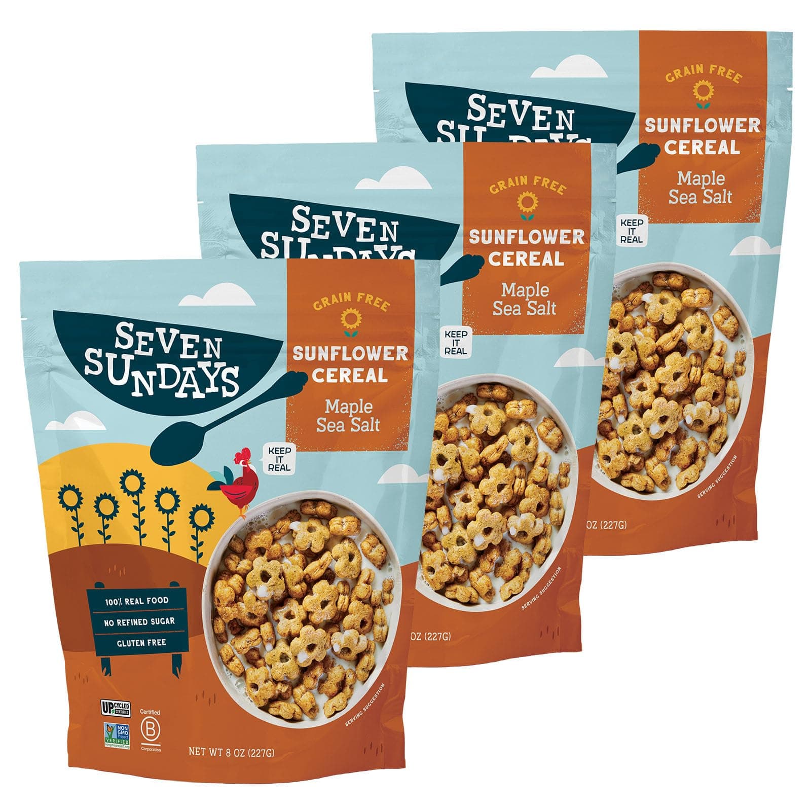 Sunflower Cereal, Maple Sea Salt, 8 Oz Bag (Pack of 3), Grain & Gluten Free, 5g Upcycled Protein, 0g Refined Sugar, Salty Sweet Snack