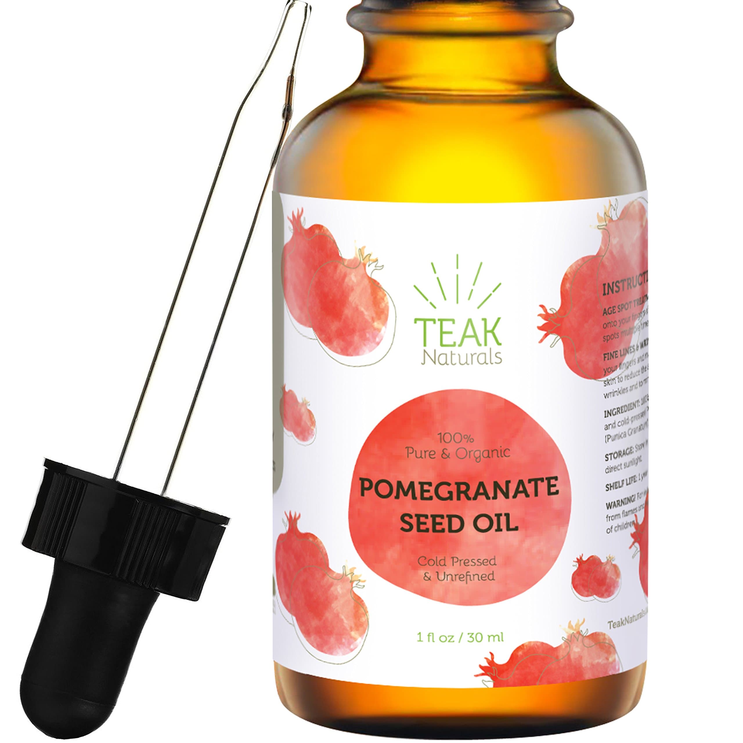 Teak Naturals Pomegranate Seed Oil, 100% Organic, Cold Pressed, Unrefined 1 oz