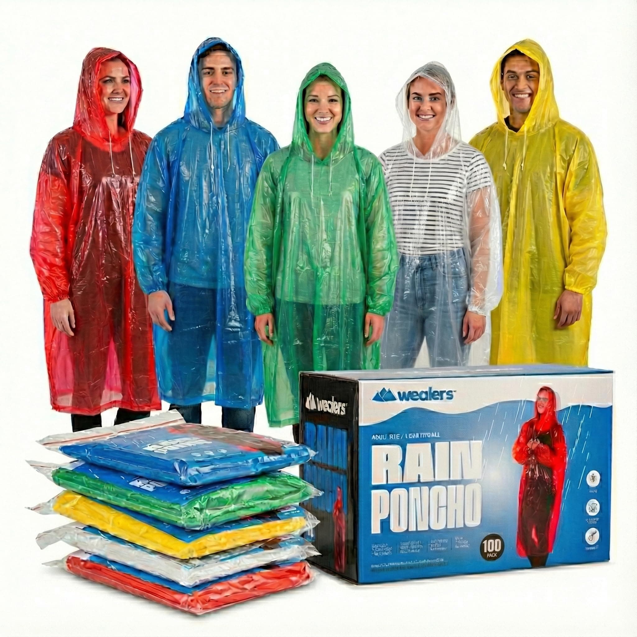 Rain Poncho Bulk Pack Disposable Ponchos Adults Emergency Raincoat Hood Strings Multi Colors