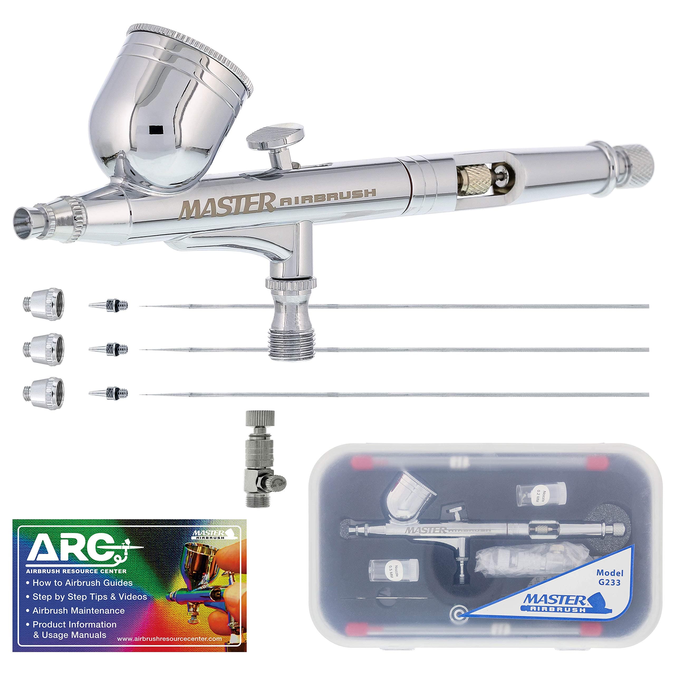 Master Airbrush® Airbrush G233-SET Multi-Purpose Precision Dual-Action Gravity Feed Airbrush Professional Set, With All 3 Tip & Needles(.2,.3 & .5), and Now a (FREE) How to Airbrush Training Book to