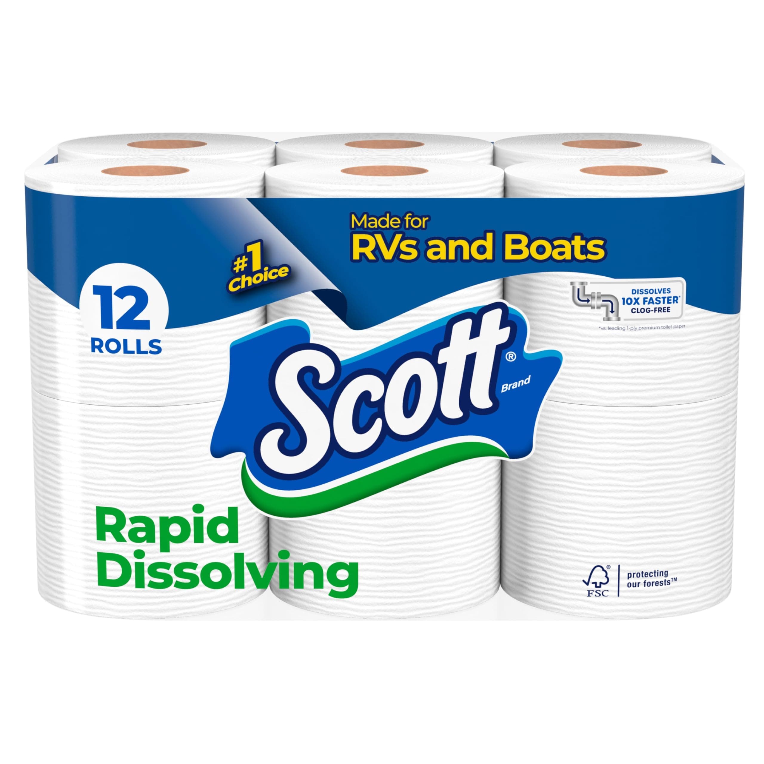 Rapid-Dissolving Toilet Paper, 12 Double Rolls, Sustainable, Septic-Safe, Toilet Paper