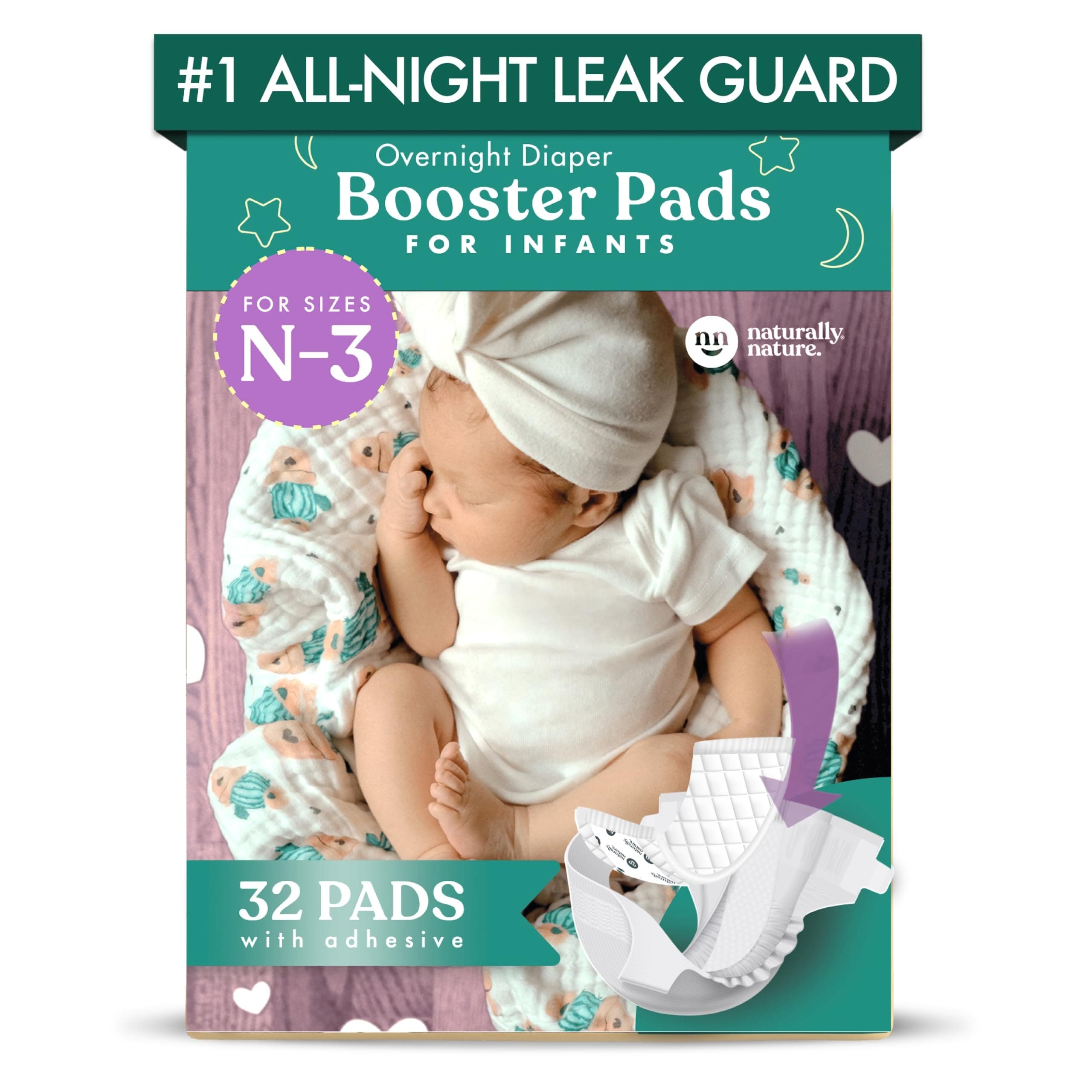 Naturally Nature Diaper Booster Pads Stop Nighttime Leaks, Adhesive Liners for Baby Overnight Diapers - Size N-3 Girls, 32-Pack - Disposable Diaper Pads for Infants