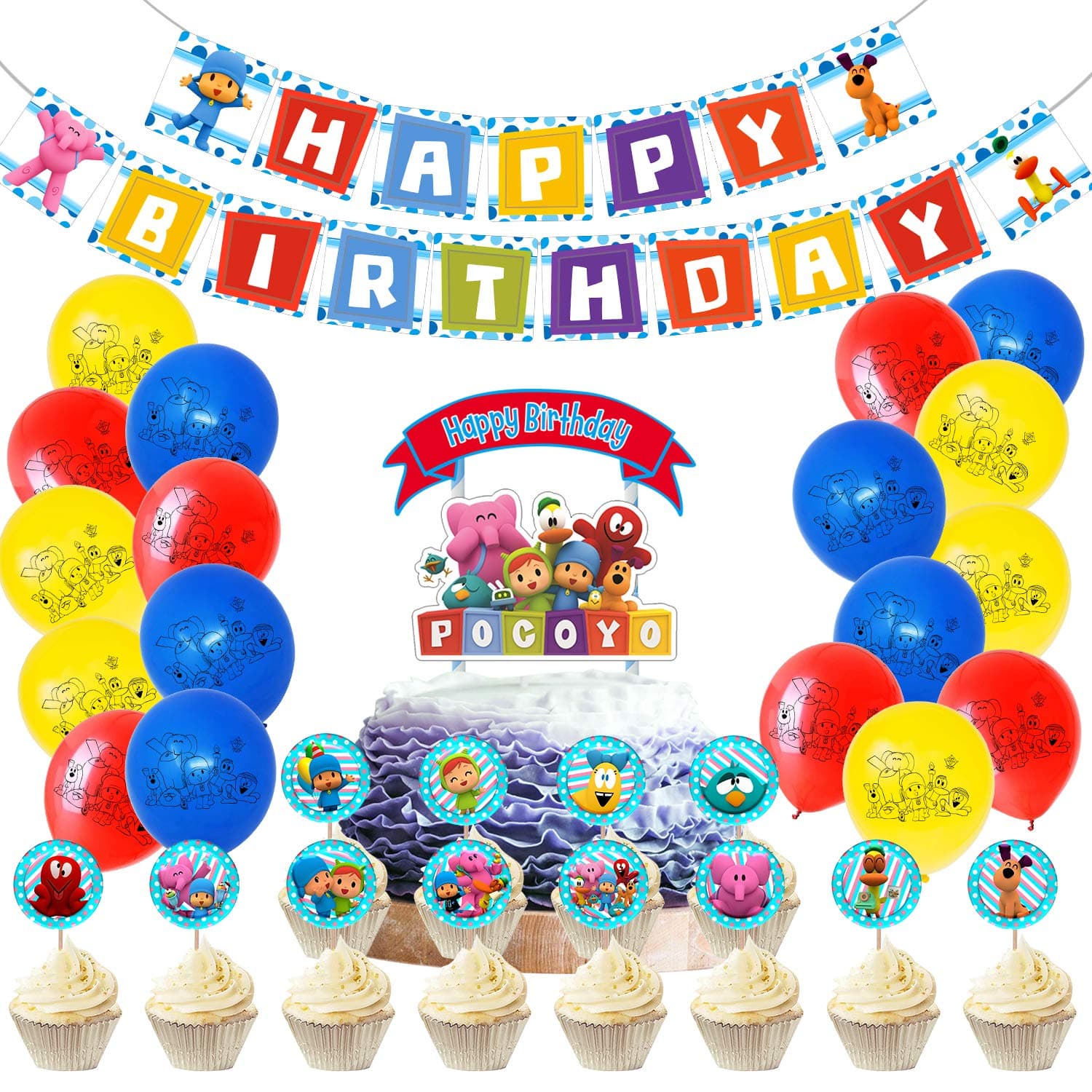Pocoyo Birthday Party Supplies includes Banner - Cake Topper - 24 Cupcake Toppers - 18 Balloons