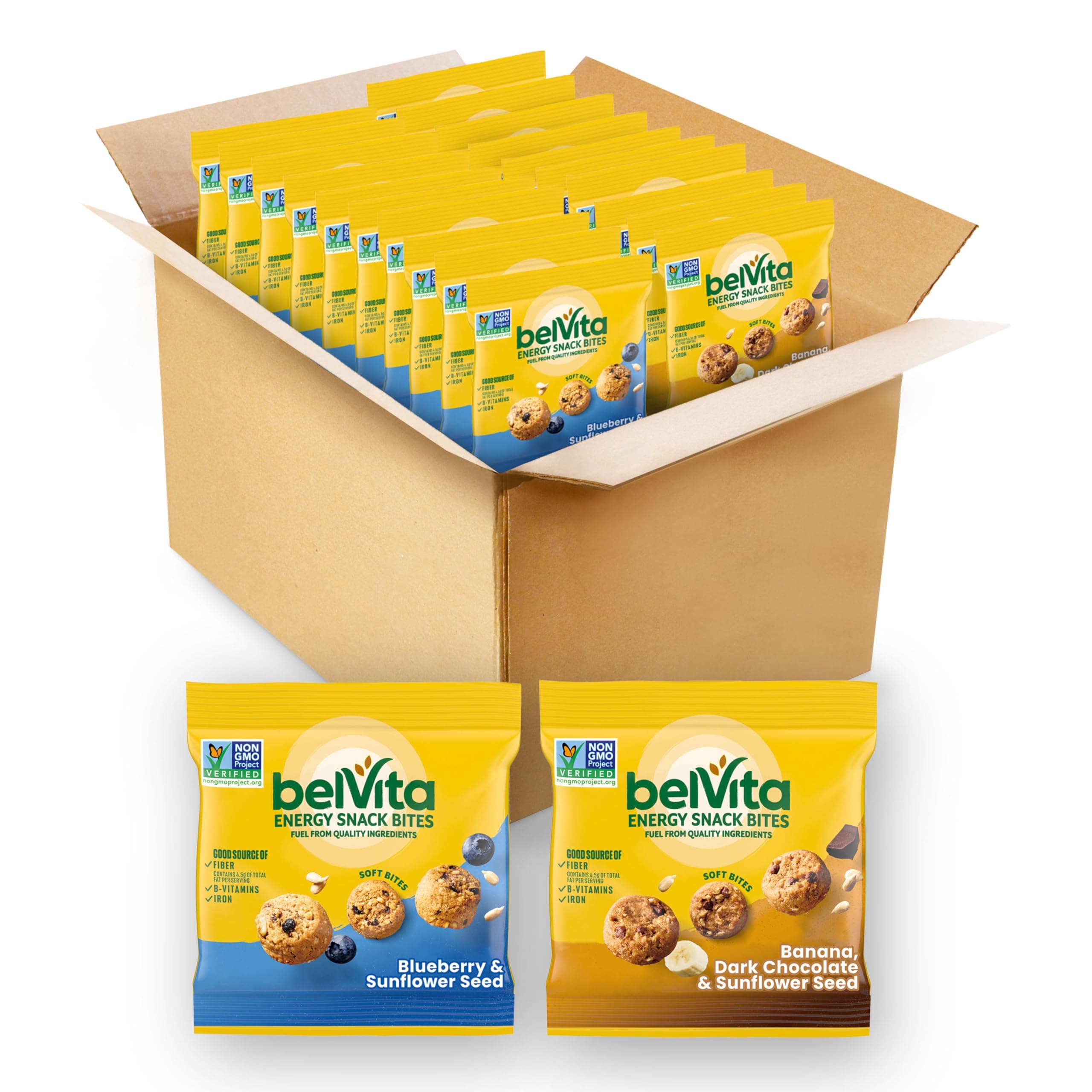 belVita Energy Snack Bites Variety Pack, Banana Dark Chocolate & Sunflower Seed, Blueberry & Sunflower Seed, 15 Snack Packs