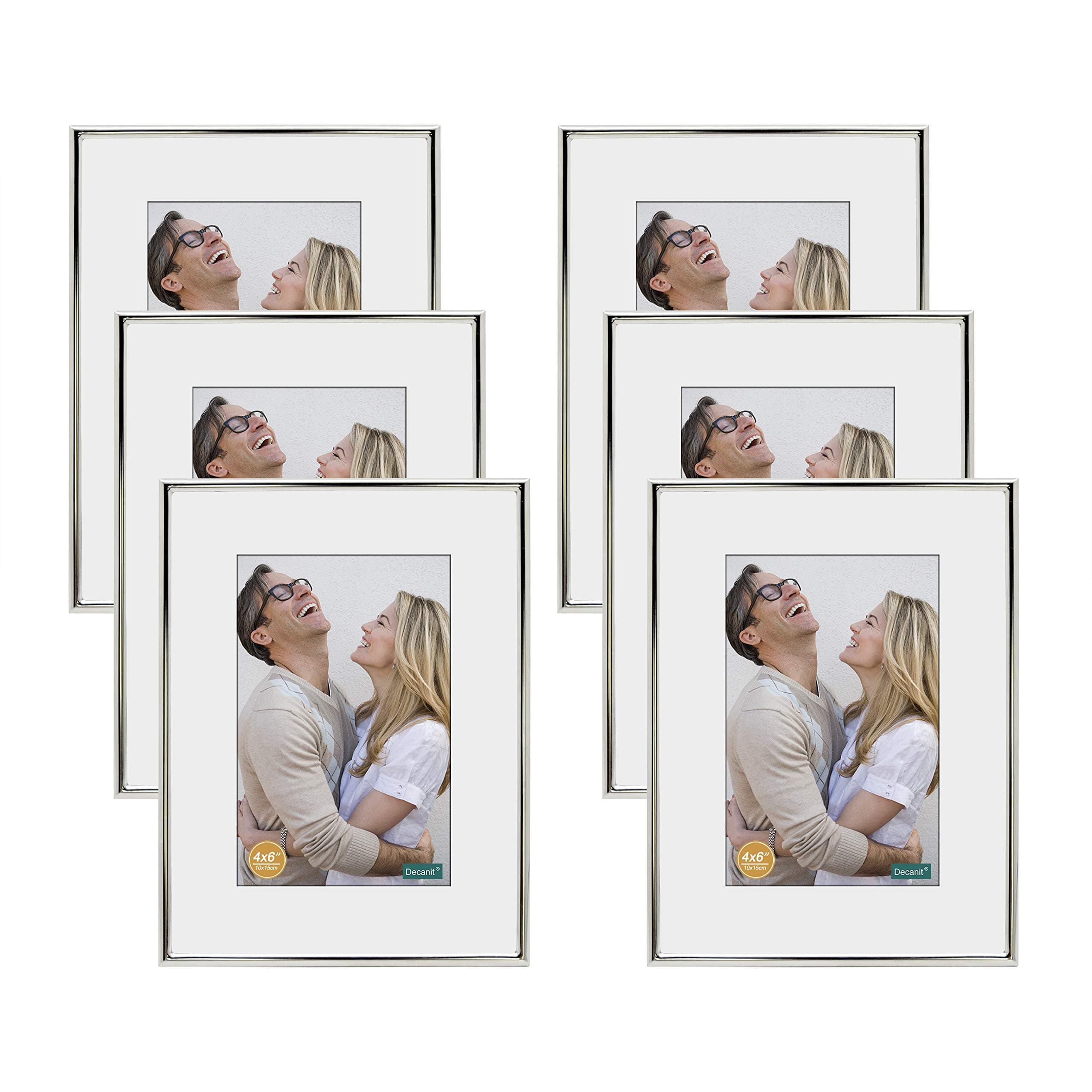 DECANIT 5x7 Picture Frame Set - Silver Metal Thin Frames for Wall or Tabletop Display of 3.5x5 Photos with Mat or 5x7 Without Mat - Gallery Wall Kit-6Pack