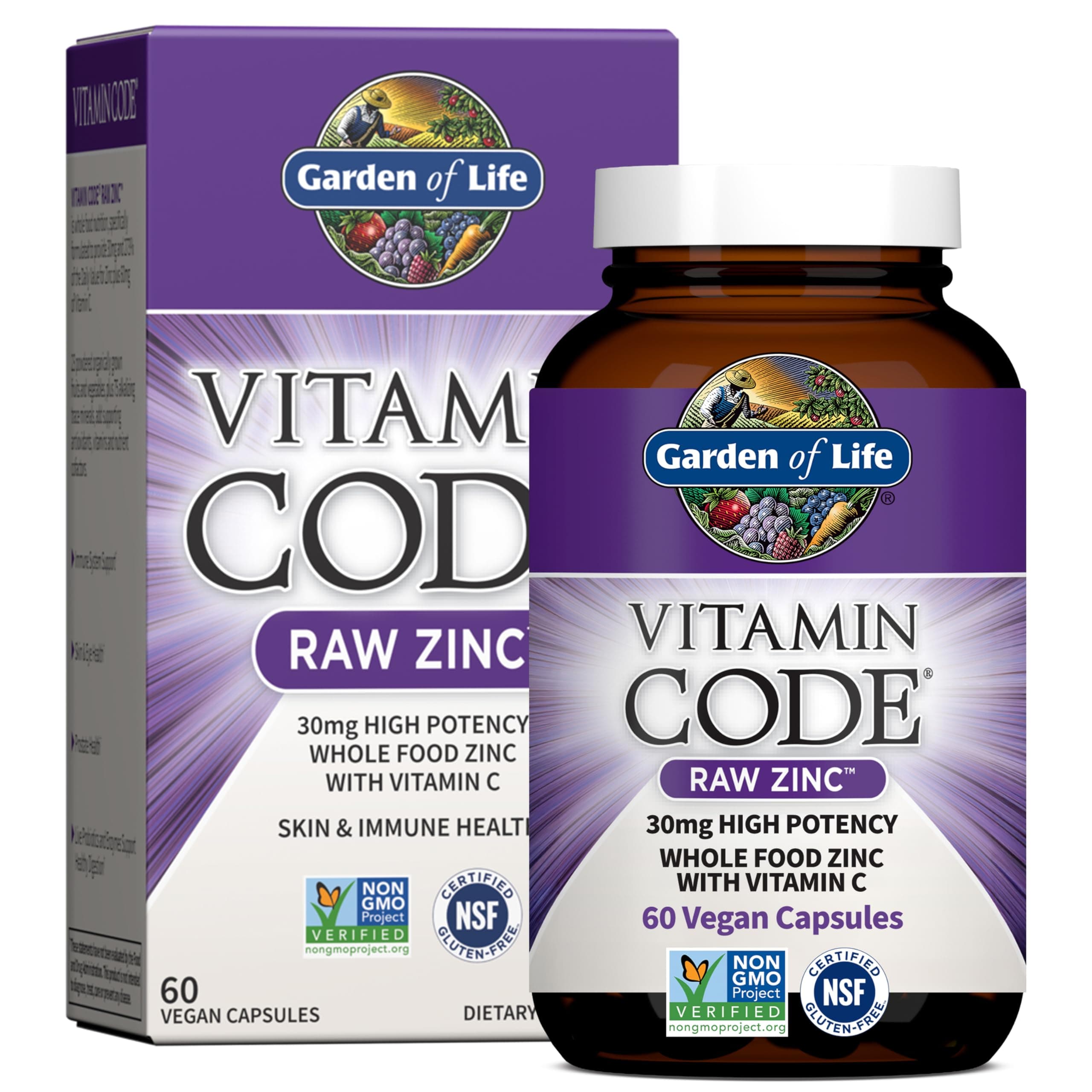 Zinc Supplements 30mg High Potency Raw Zinc and Vitamin C Multimineral Supplement, Vitamin Code Vitamins Trace Minerals & Probiotics for Skin Health & Immune Support, 60 Vegan Capsules