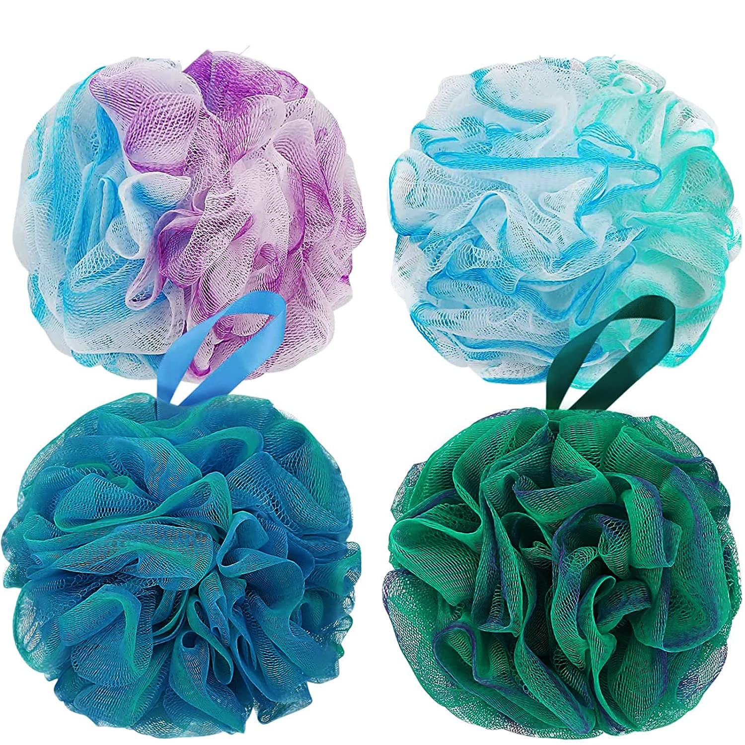 Bath Shower Loofah Sponge 75g Bath Mesh Pouf Shower Ball Body Scrubber Exfoliating Bath Sponge for Women and Men, Set of 4, Flower