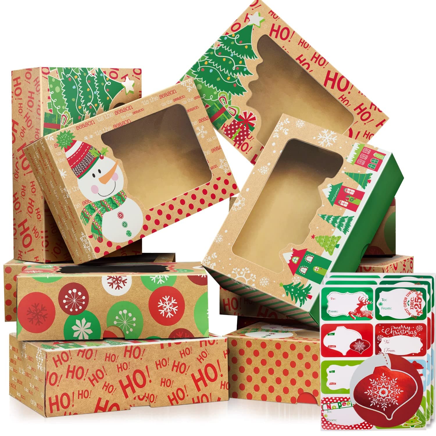 12 Christmas Cookie Boxes -Large Kraft Holiday Bakery Food Container for Gift Giving with 80 Count Christmas Foil Gift Stickers