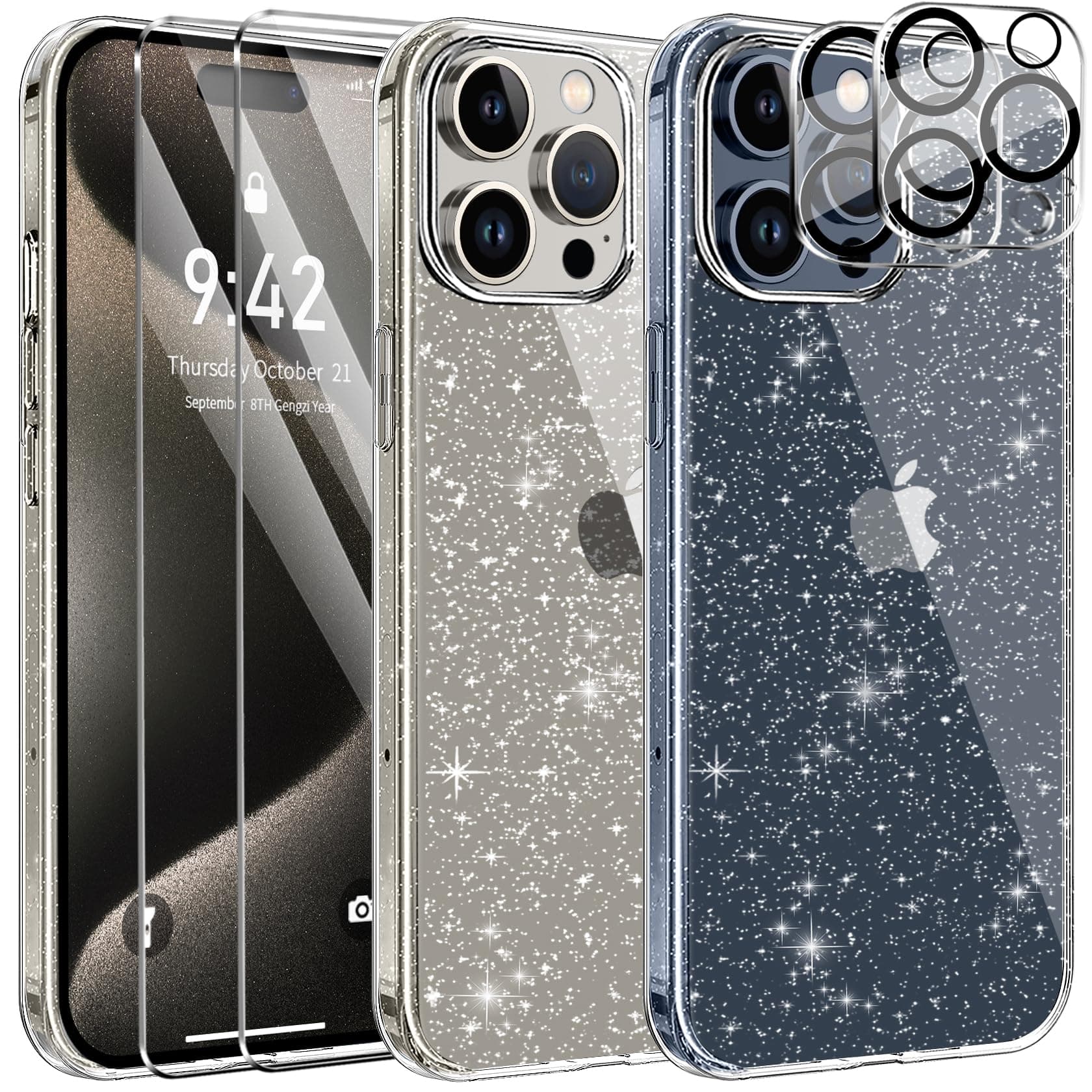 AROYI 5 in 1 Clear Glitter Case Compatible with iPhone 15 Pro Case with 2 Screen Protector and 2 Camera Lens Protector, Soft Bumper Sparkle Bling Women Girls Phone Case for iPhone 15 Pro 6.1"