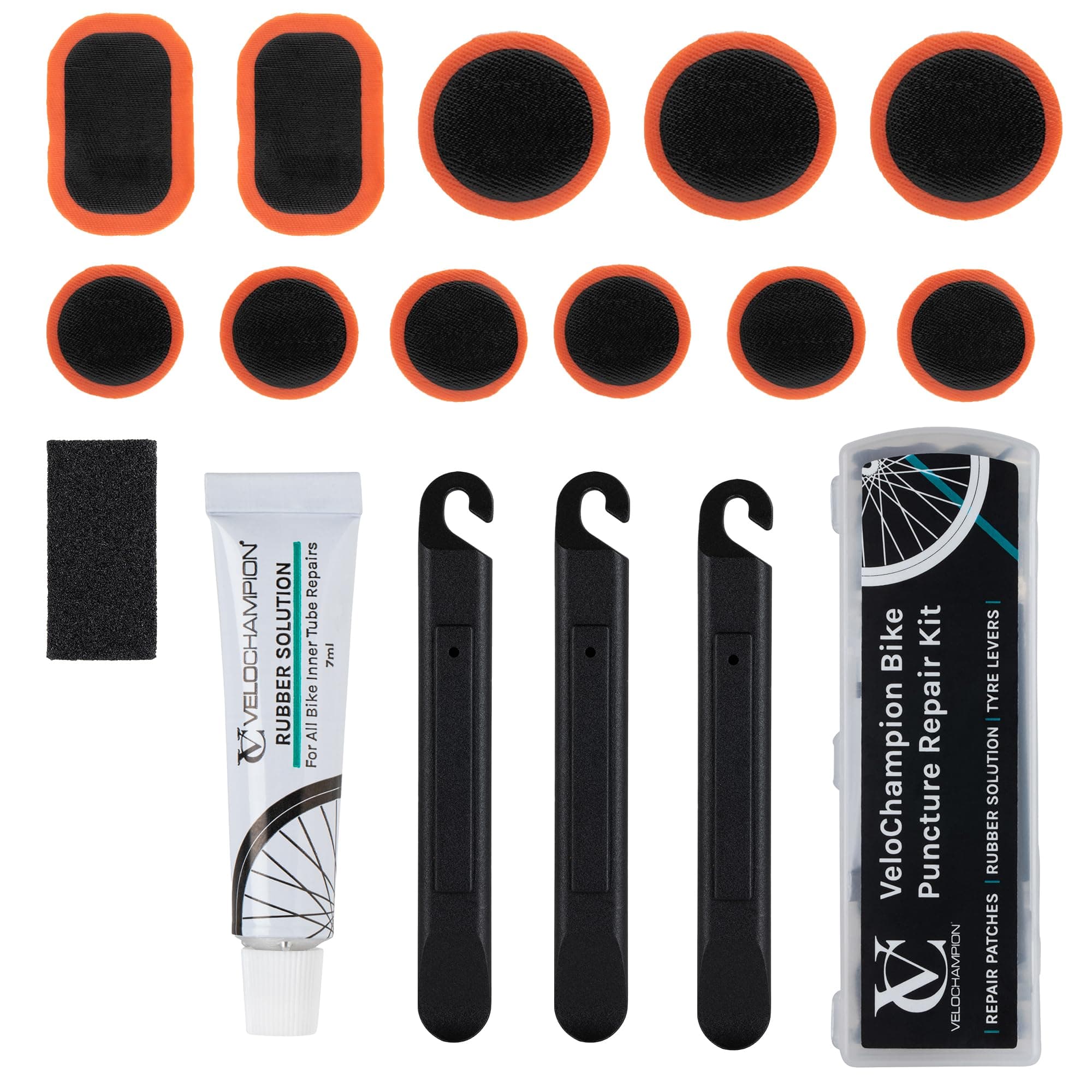 VeloChampion Glue Bike Tyre Puncture Repair Kit with Rubber Solution and Storage Case for All Bicycles; Road, Mountain, Commuter Bikes. 11 Repair Patches. 3 Tyre Levers