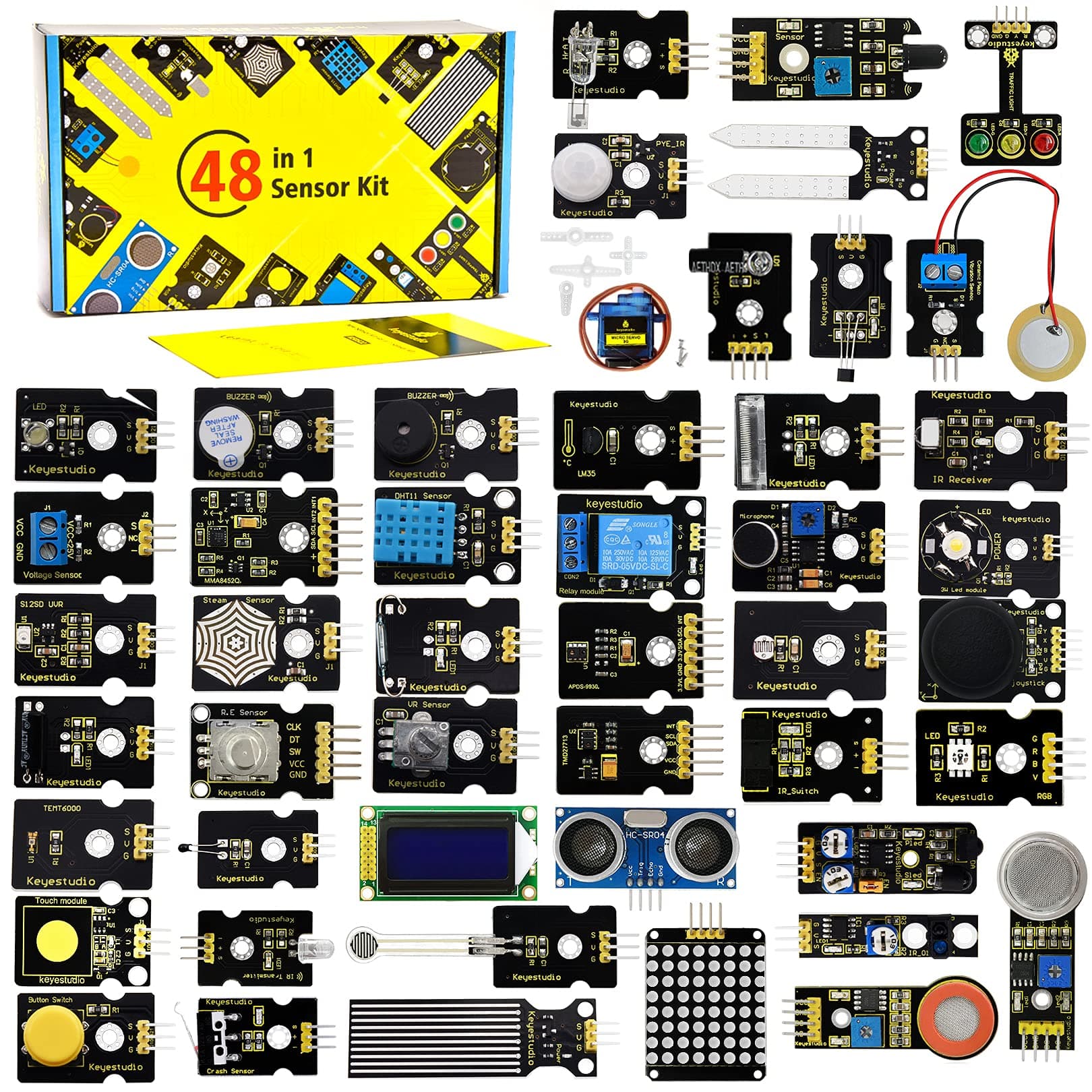 KEYESTUDIO 48 Sensors Modules Starter Kit for Arduino with LCD, 5v Relay, IR Receiver, LED Modules, Servo Motor, PIR, Pressure Sensor, Gas Sensor, etc.Programming for Beginners Adults Learning