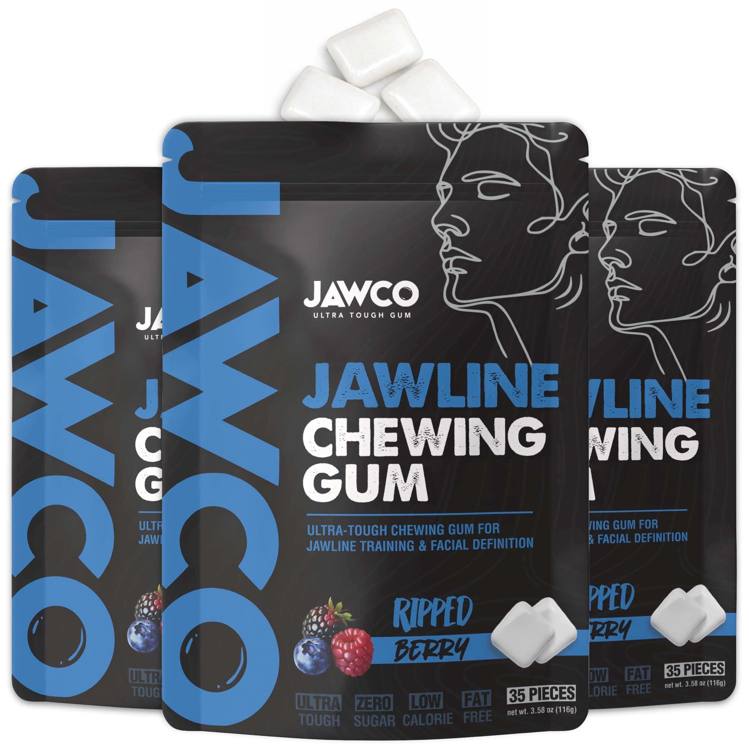 JAWCO Ultra-tough Jawline Chewing Gum | Get a Stronger, Squarer Jawline | Jaw Training Hard Gum | Chisel, Sculpt, Tone your Jaw | 15X Hardness | Facial Fitness Mewing Gum | Ripped Berry (3-Pack)