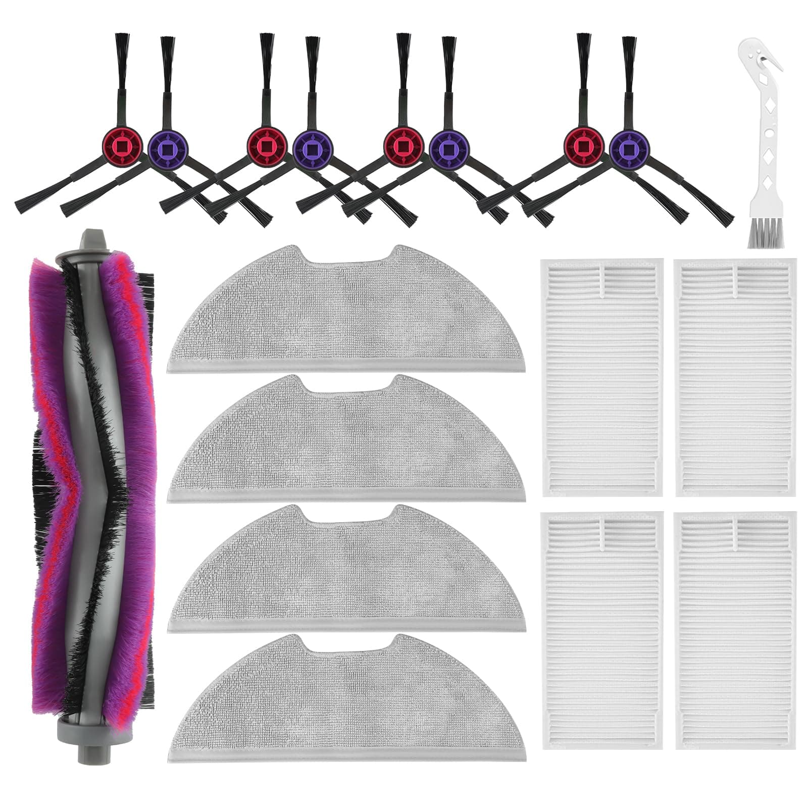 E10s Accessories Kit Replacement Eureka E10S / E20 Plus Robotic Vacuum Cleaner 18 Pack 1 Main Roller Brush 8 Side Brushes 4 HEPA Filters 4 Mop Pads 1 Cleaning Brush