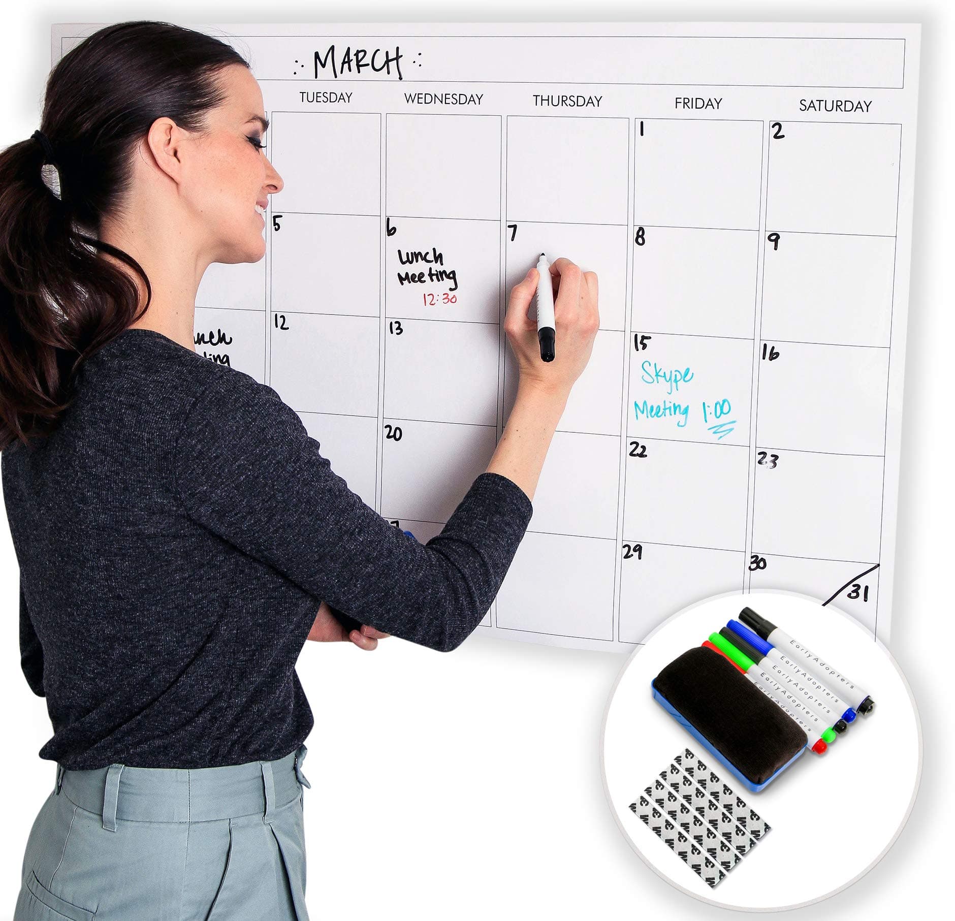 Large Dry Erase Laminated Wall Calendar 24” Inch by 36” Inch Size by Earlyadopters | Premium Huge Monthly Planner for Office - None Magnetic | Wall Calendar for Planning