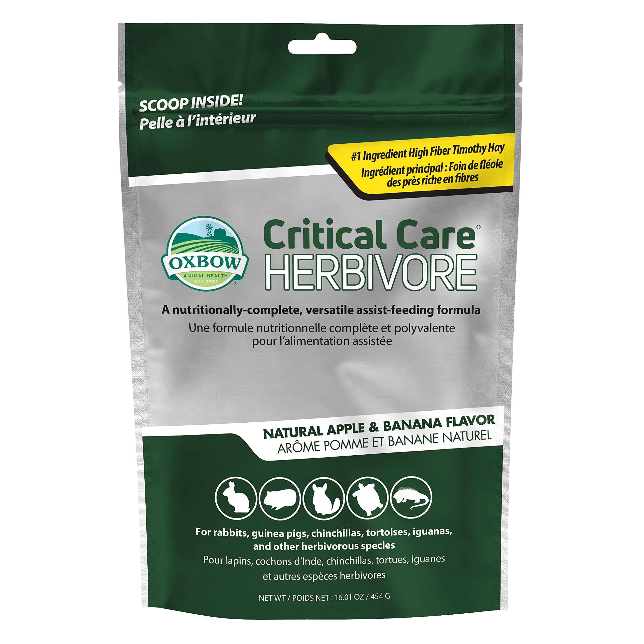 Oxbow Critical Care Herbivore, Emergency Rabbit & Guinea Pig Food, Natural Apple Banana Flavor, Critical Care Herbivore, Assist Feeding Formula for Pets, 454 gram bag