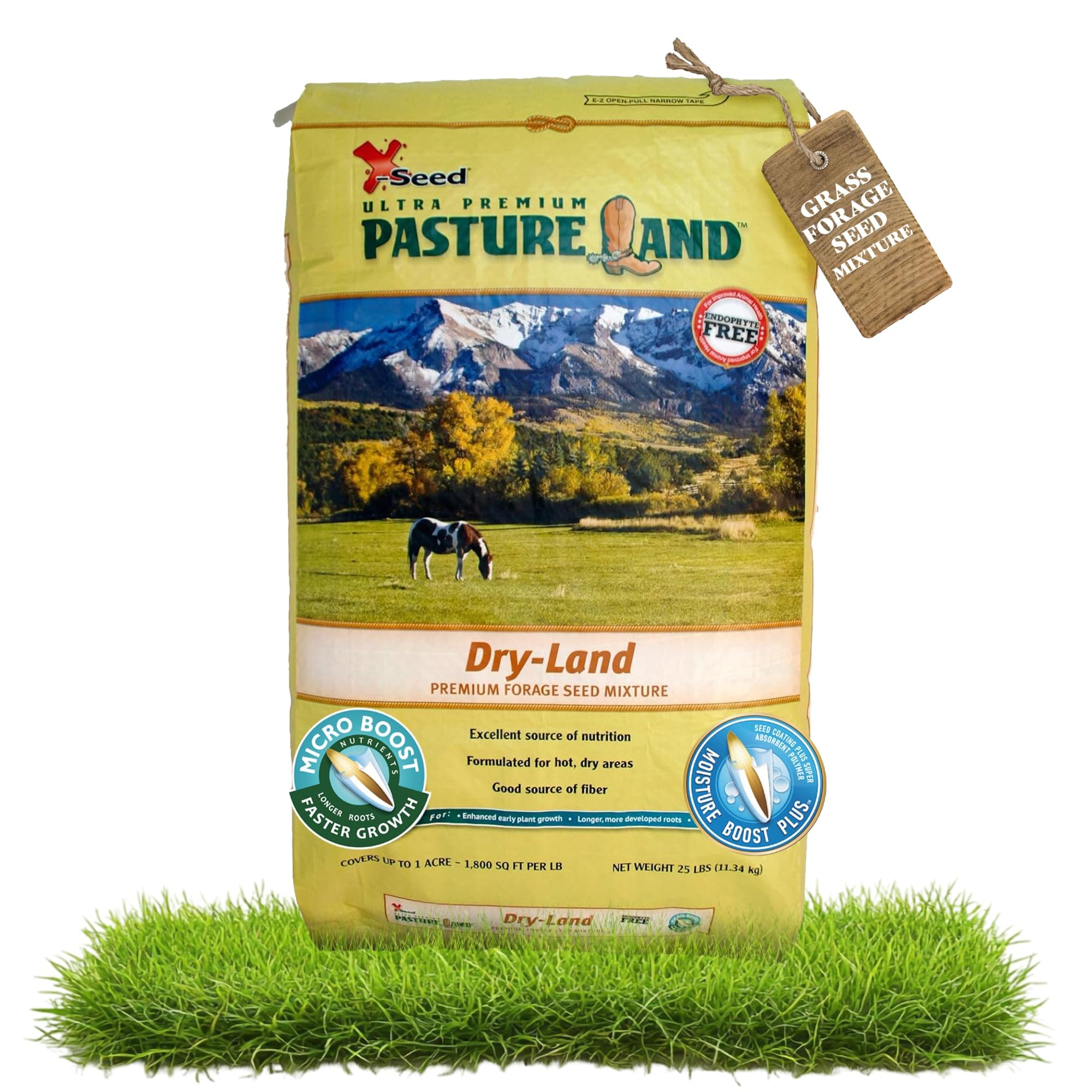 X-Seed Pasture Land Dry-Land Forage Seed Mixture with Micro-Boost – Tall Fescue Orchard Grass Ryegrass Endophyte Free Pasture for Safe Nutrition of Livestock, Formulated for Dry Areas – 25-Pound Bag