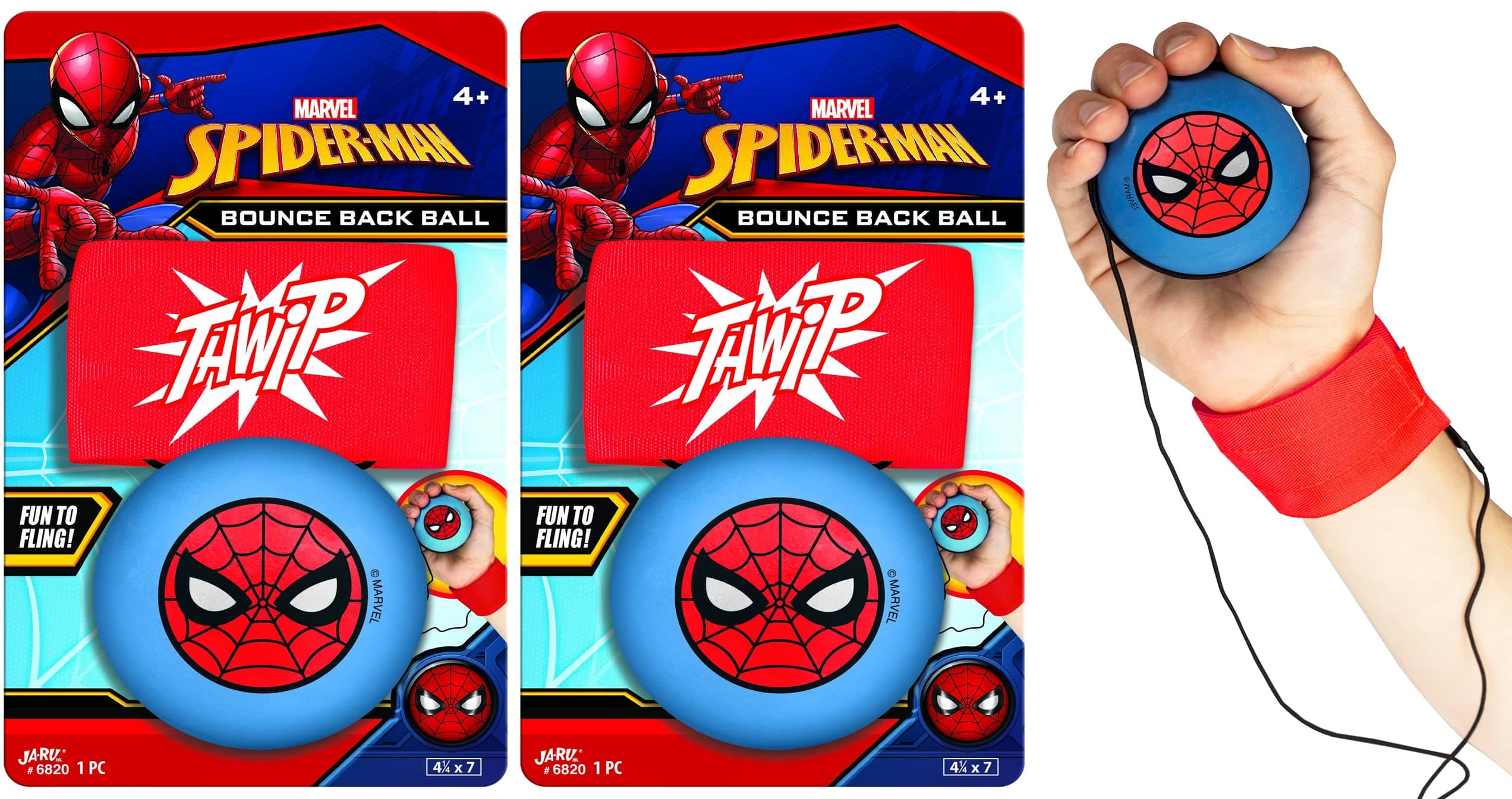 JA-RU Marvel Spiderman Sports Wrist Bounce Back Ball (1 Unit) Super Heroes Wristband Return Toy, Durable Foam String Attached Rebound, Kids & Adults, Fidget Stress Toy 6820-1