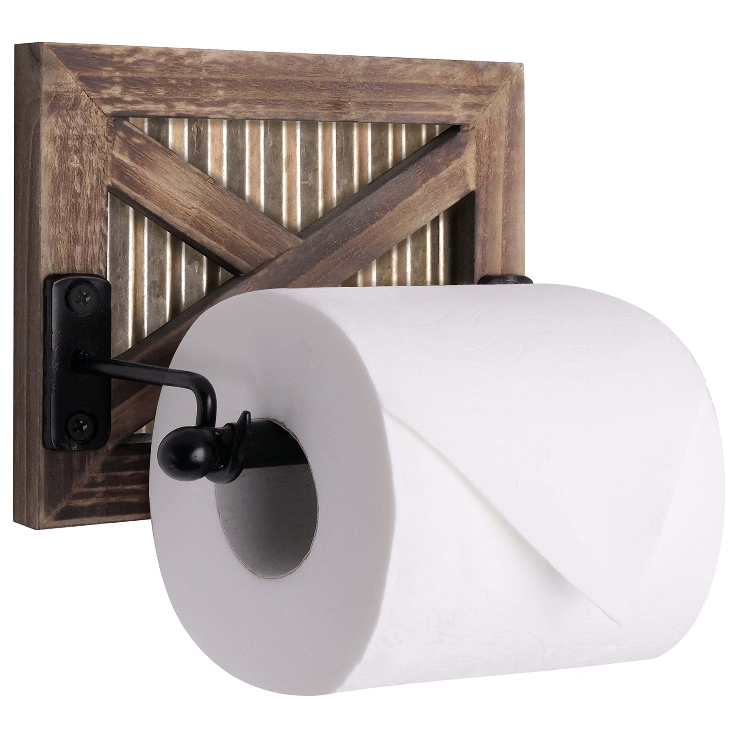 Autumn Alley Rustic Farmhouse Barn Door Toilet Paper Holder | Constructed of Warm Brown Wood, Gold Corrugated Metal and Black Metal | Adds Functional Farmhouse Charm to Your Bathroom