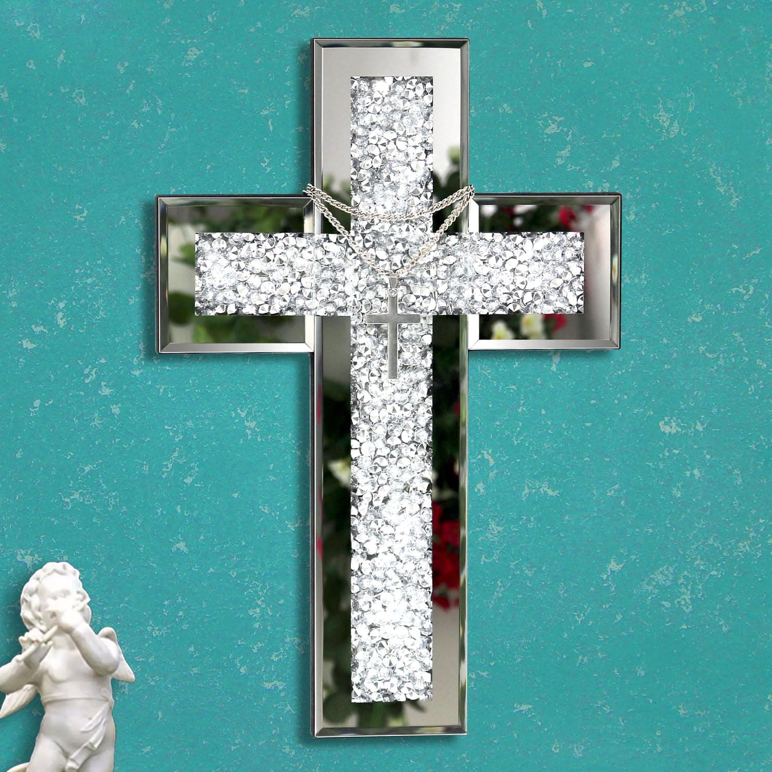 GIMORRTO Mirrored Cross Wall Decor - Crushed Diamond-Embedded Glass Mirror, 15x10 Inches