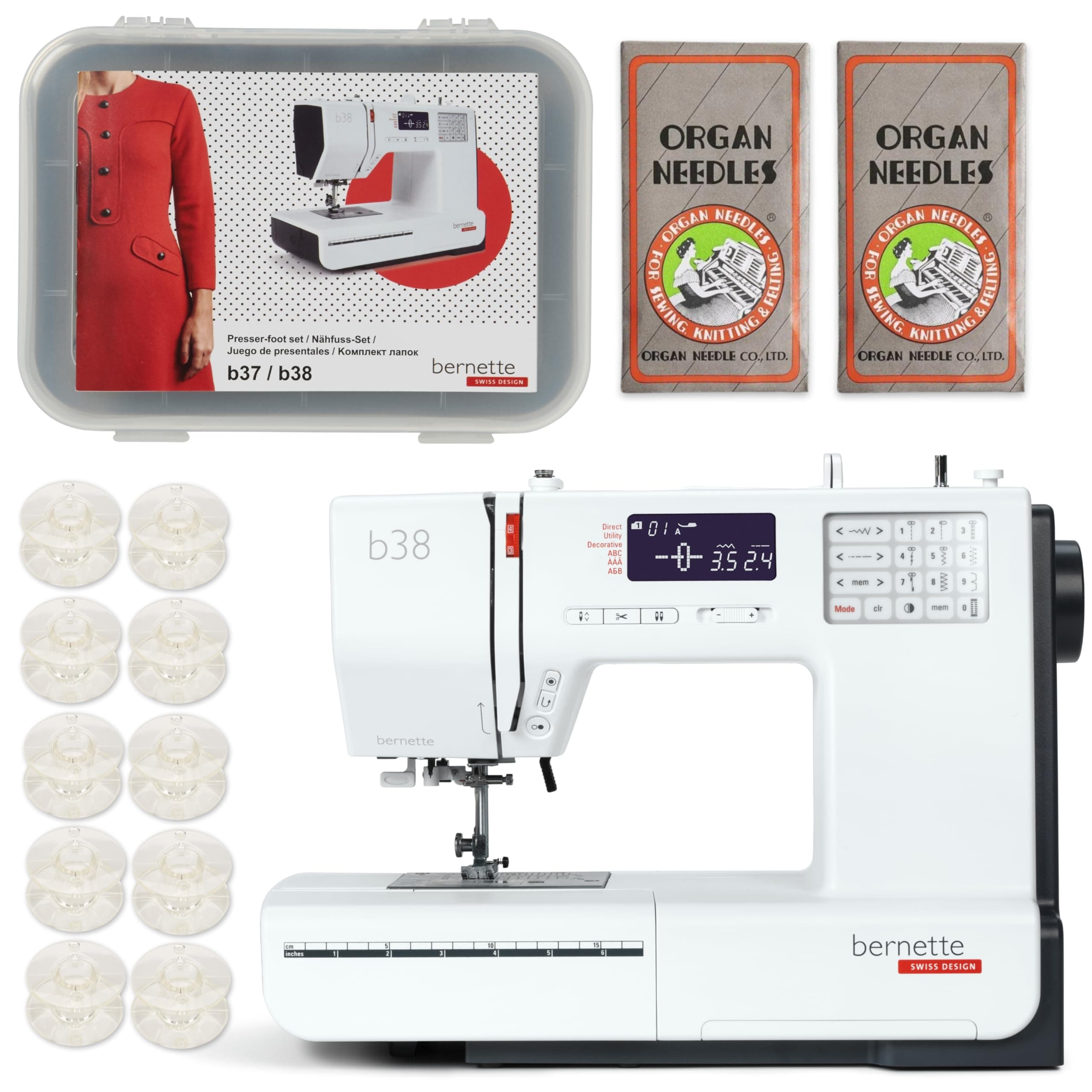 B38 Swiss Design Computerized Sewing Machine | 394 Stitches, LCD Display, Extension Table, 8 Presser Feet | Bobbins, Needles, Threader, Foot Pedal, Seam Ripper, Screwdriver, Spool Caps