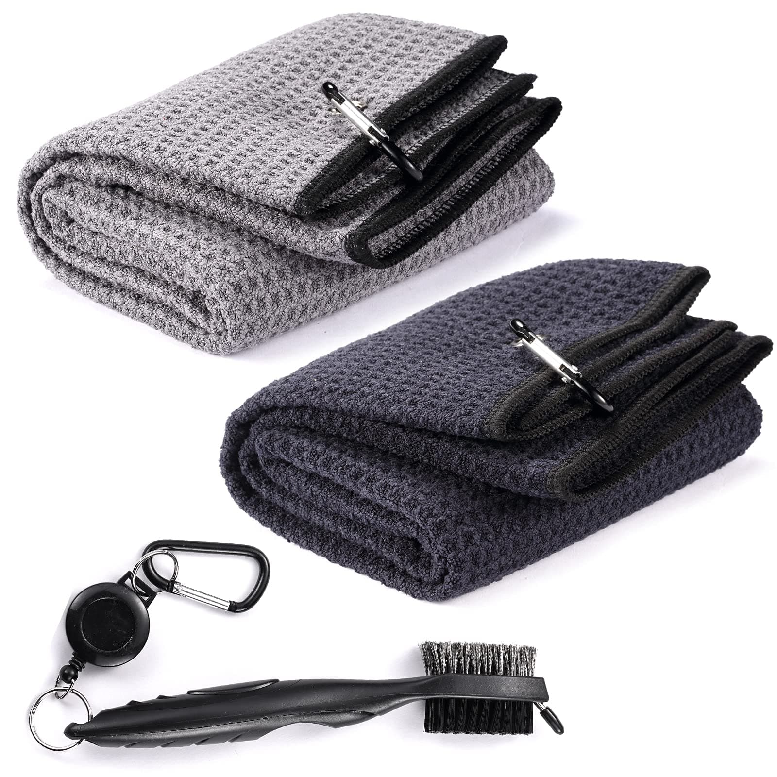 2 Pack Tri-fold Golf Towel Set, Microfiber Fabric Waffle Pattern Towels, Heavy Duty Carabiner Clip (2 Pcs, 2 Colors)