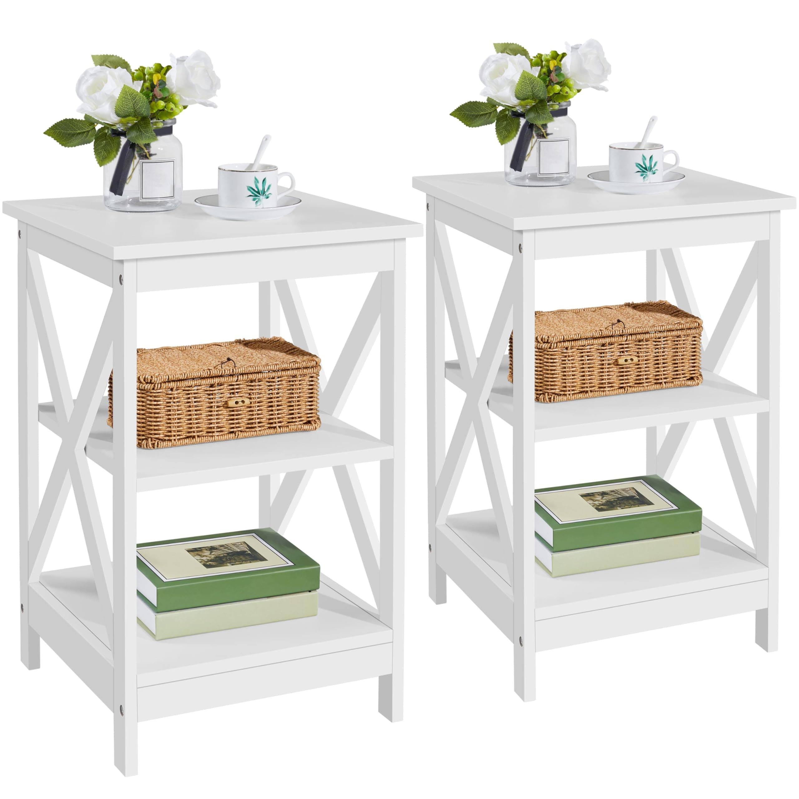Yaheetech End Tables Set of 2, 3-Tier Side Tables with Storage for Living Room, Sturdy X Design Wooden Large Sofa Side Table Storage Cabinet with Shelves, 16x16x24’’(LxWxH), White