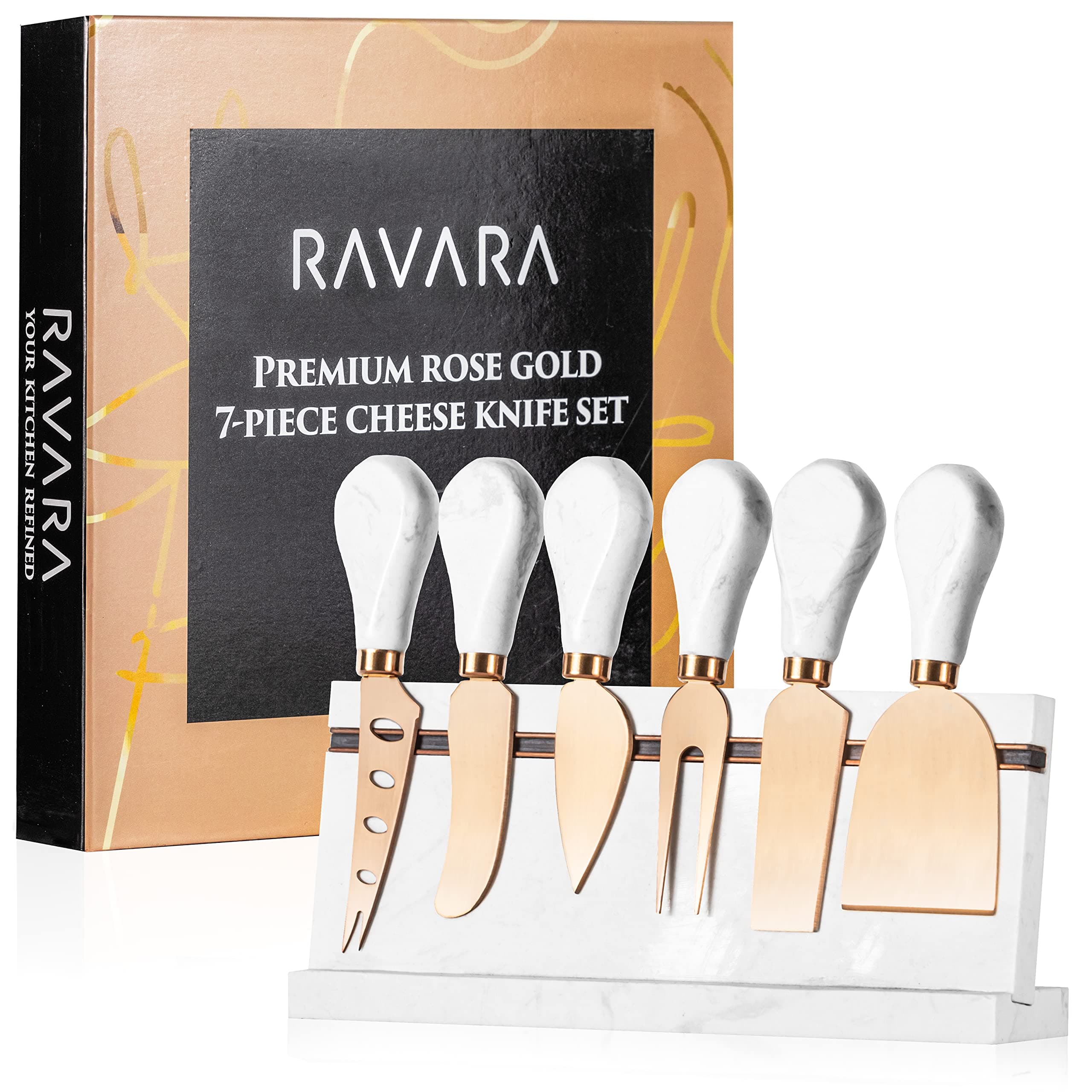 Ravara Cheese Knife Set, 7-Pieces (4 Knives, Spreader, Cheese Fork, and Marble Stand), Rose Gold Premium Quality Cheese Knife Set Utensils – Rose Gold Stainless Steel, 100% Natural Marble Handles
