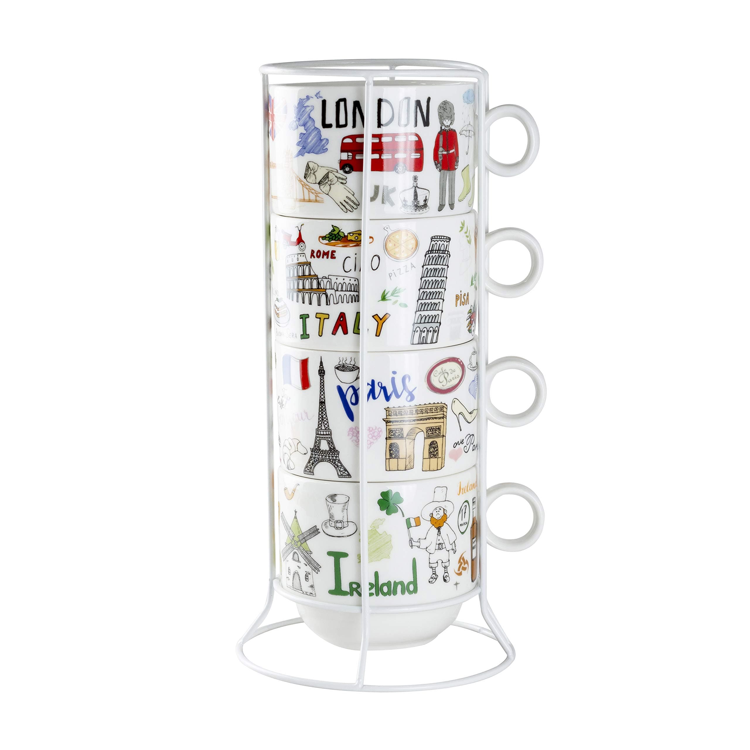 Gracie China by Coastline ImportsStackable 4-Piece Porcelain Coffee Mug Set (London, Paris, Italy, Ireland), Multicolor, Medium, 35770-INTL-101TBD