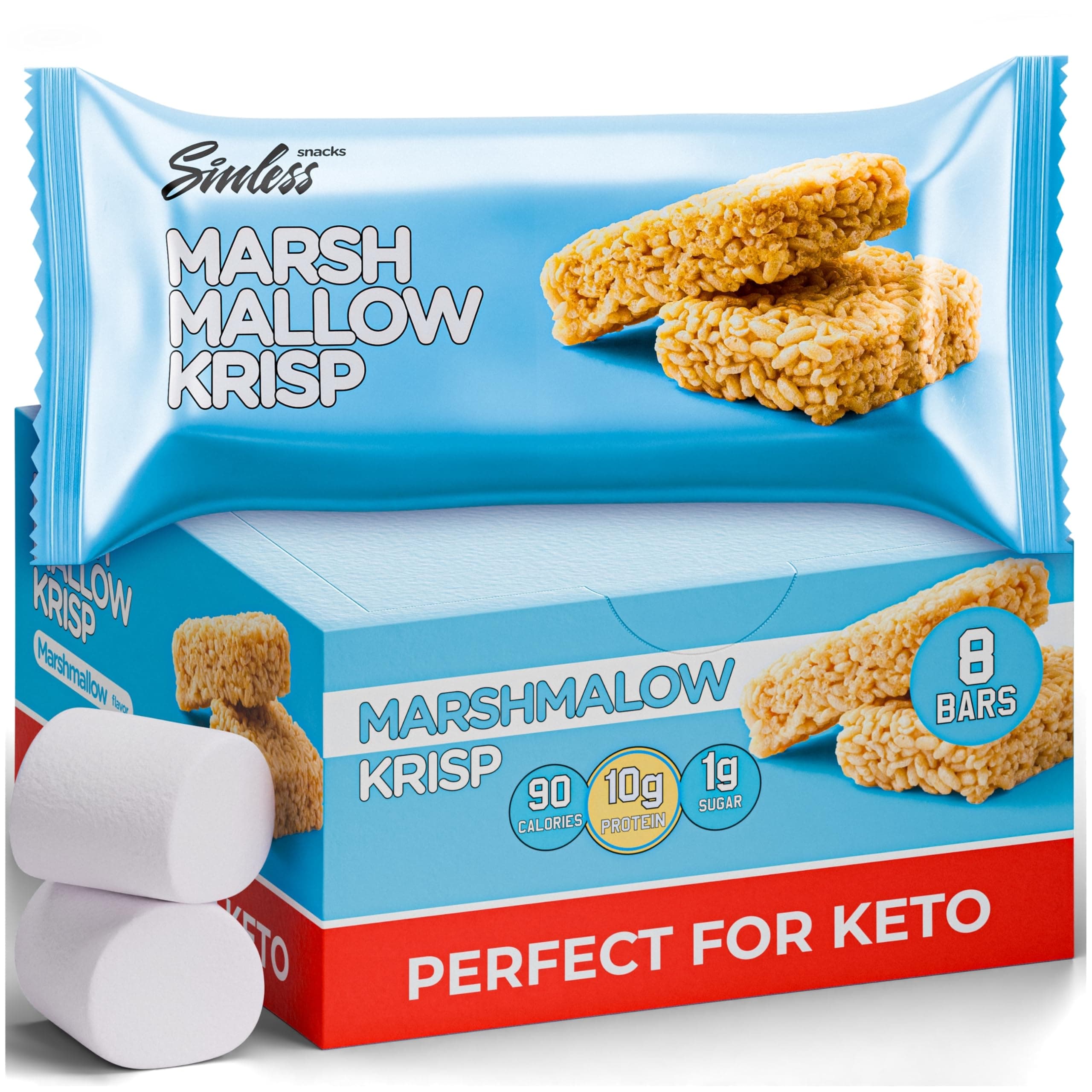 Sinless Snacks New Improved Recipe - Marsh Mallow Krisp - Perfect Keto Snacks - Delicious Gluten Free Low Carb Snacks - Marshmallow Keto Cereal Bars - Soft & Chewy Low Sugar - Less Than 1g - 8 C