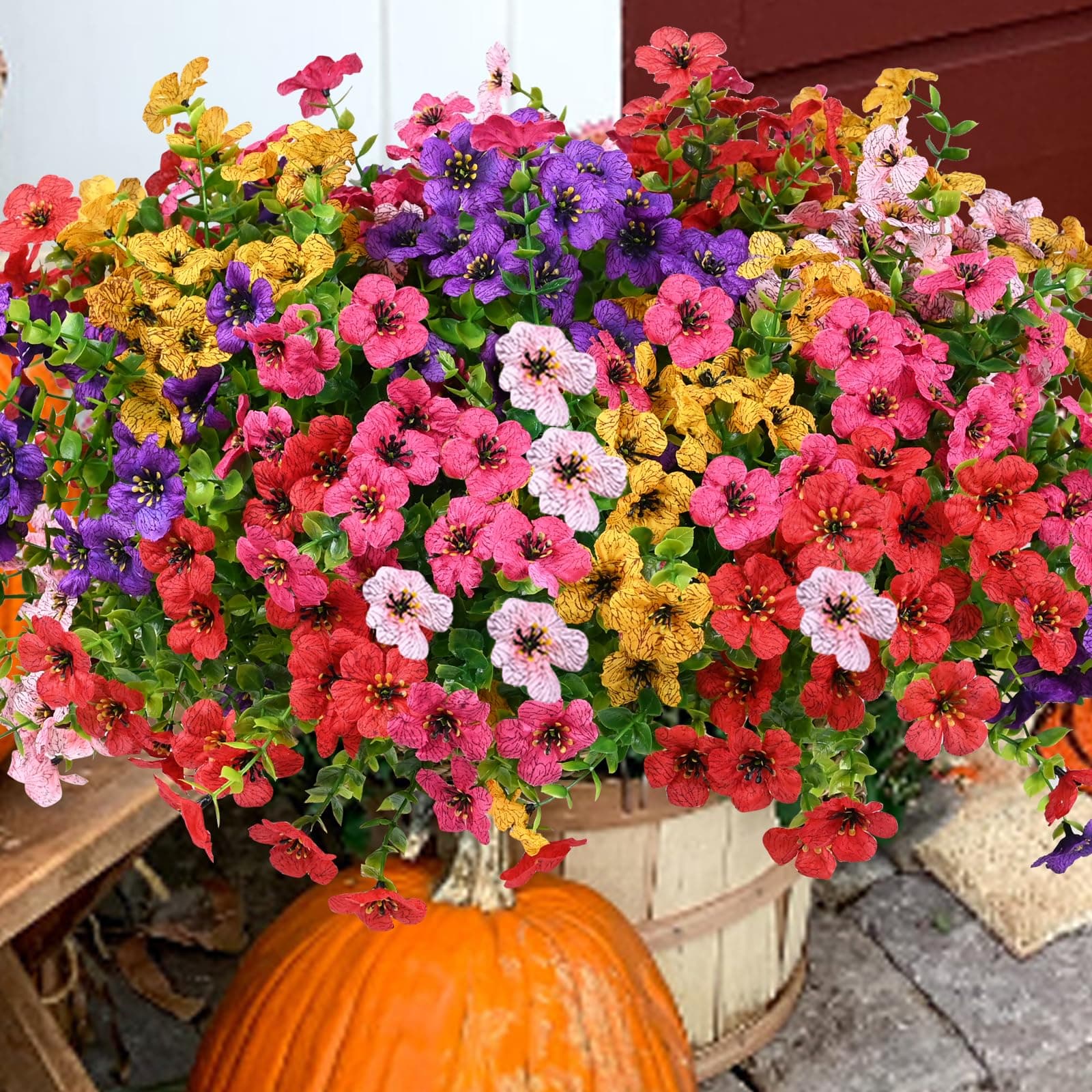 Artificial Flowers for Outdoor, UV Resistant Fake Silk Flowers, Realistic Faux Plants for Outside Indoor Porch Patio Window Box Planter Home Decor (20, Yellow Purple Rosy Pink Red)