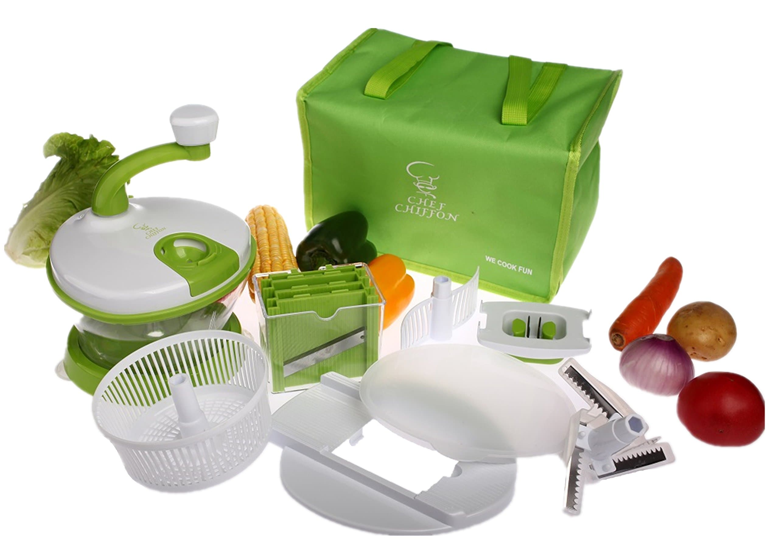 All-In-One Kitchen Manual Hand Operated Food Processor Prep Machine - Salad Spinner, Mixer, Beater, Blend, Chop, Slice, Shred, Julienne, Juice (Include Bonus Lunch Cooler Bag)