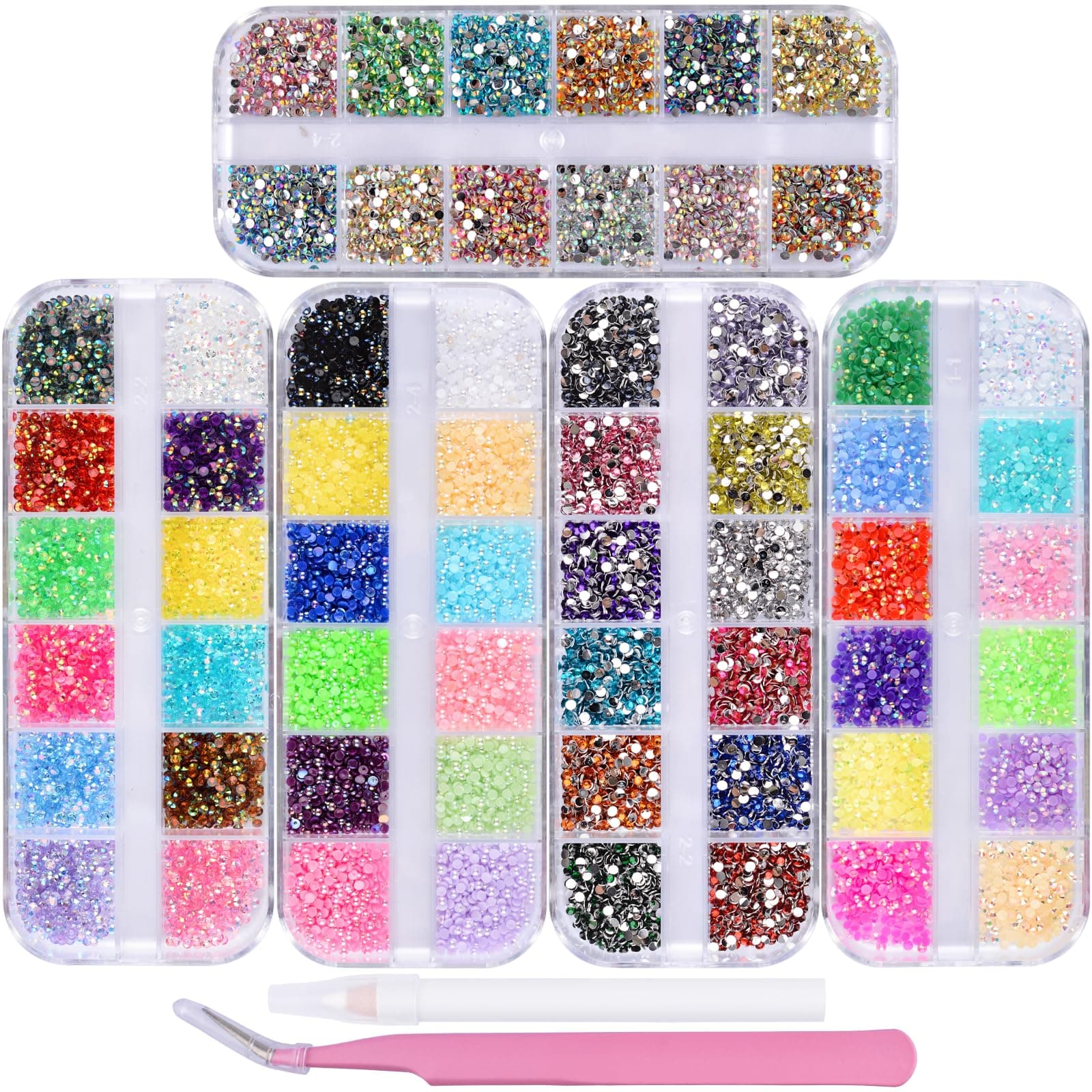 5 Boxes Nail Art Rhinestones Half Pearls Kit 3D Flatback Jelly Crystal Gems Diamantes Design for Crafts Face Clothes Clothes Glass Decorations DIY (60 Colors 2mm)