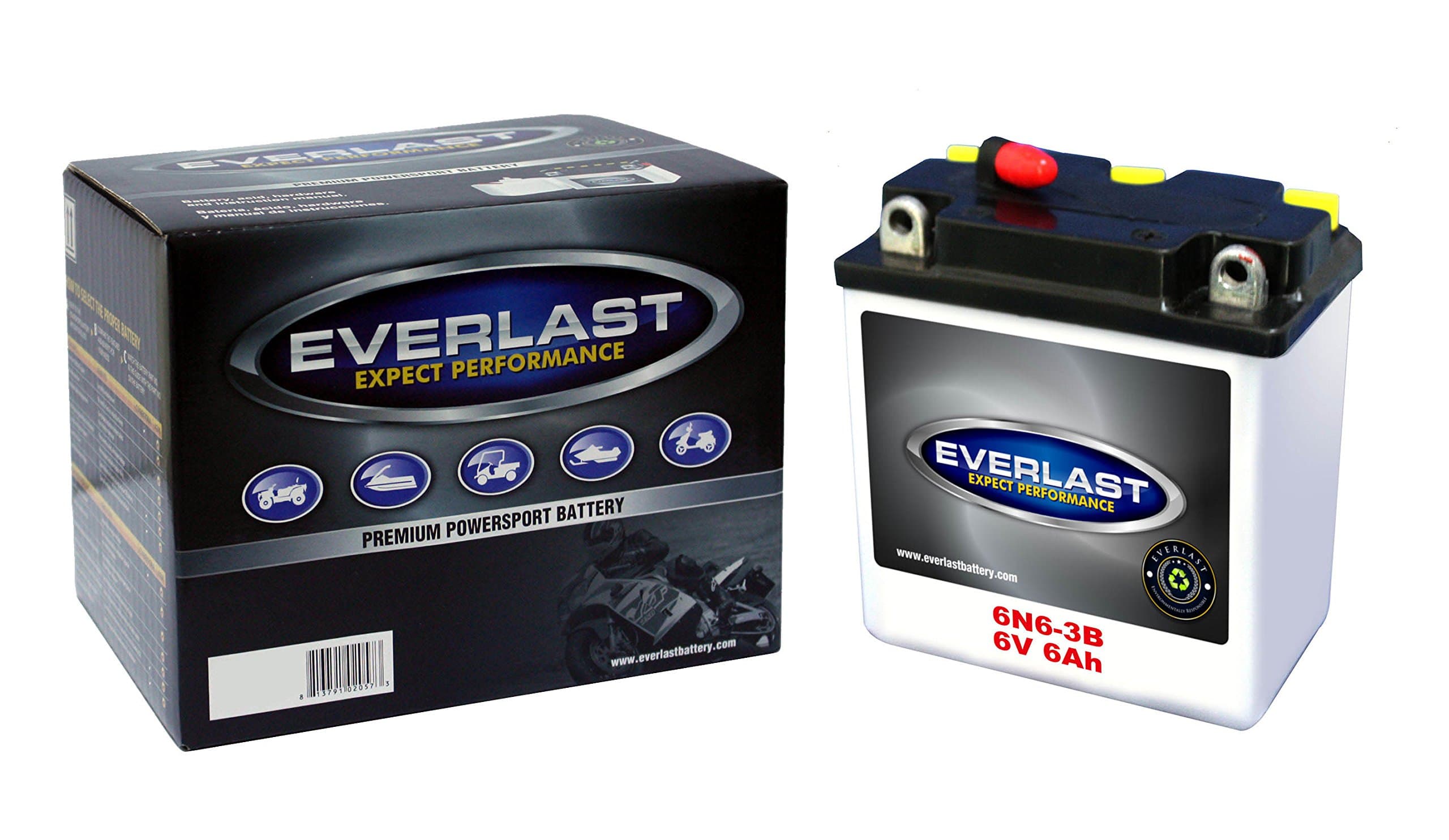 EverLast Battery - 6N6-3B - 6 Volt, Conventional Battery with Acid Pack -3 7/8 L X 2 1/4 W X 4 1/4 H