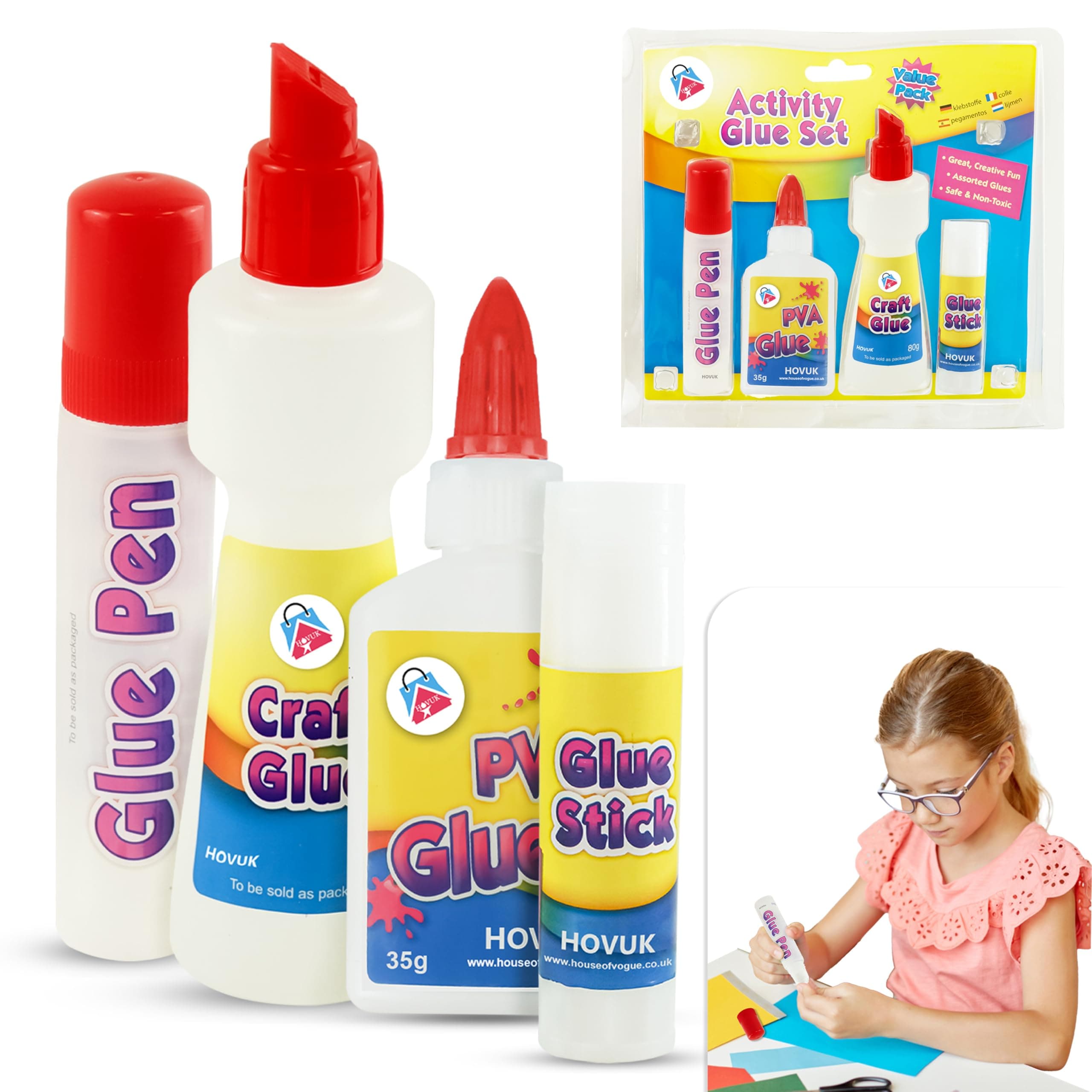 4Pcs Kids Glue Set, Non-Toxic PVA, Stick, Liquid & Pen Glue for Crafts, School Supplies, Paper, Fabric and Scrapbooking - Safe Arts & DIY Kit
