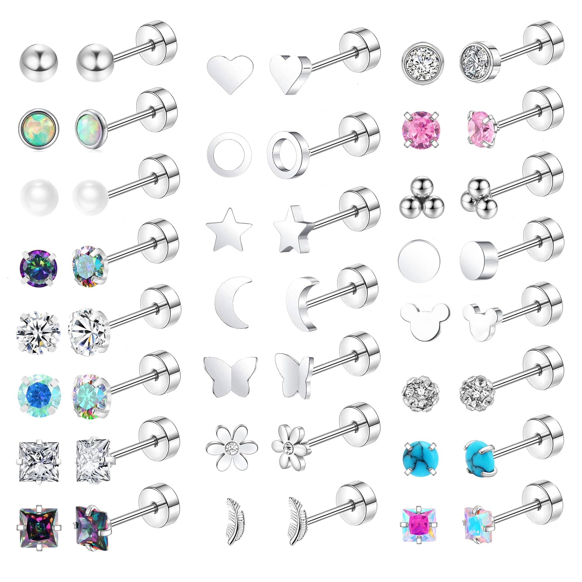 23 Pairs Hypoallergenic Titanium Earrings for Women Cute Heart CZ Flower Pearl Ball Tiny Flat Back Earrings G23 Titanium Earrings for Sensitive Ear