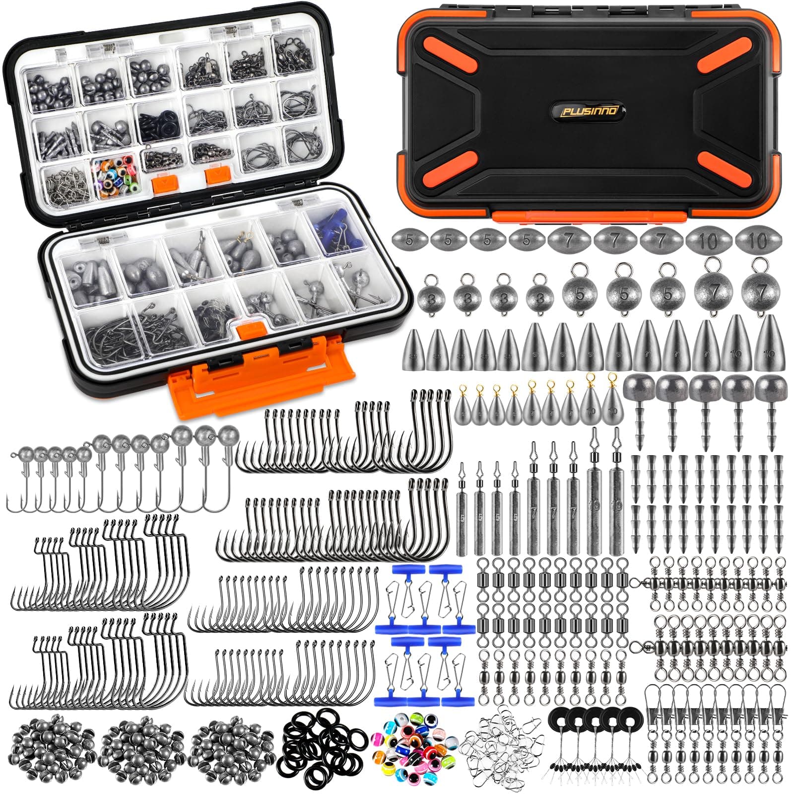 PLUSINNO 397pcs Fishing Accessories Kit, Fishing Tackle Box with Tackle Included, Hooks, Weights, Jig Heads, Swivels Snaps Combined into 12 Rigs, Fishing Gear Equipment for Bass