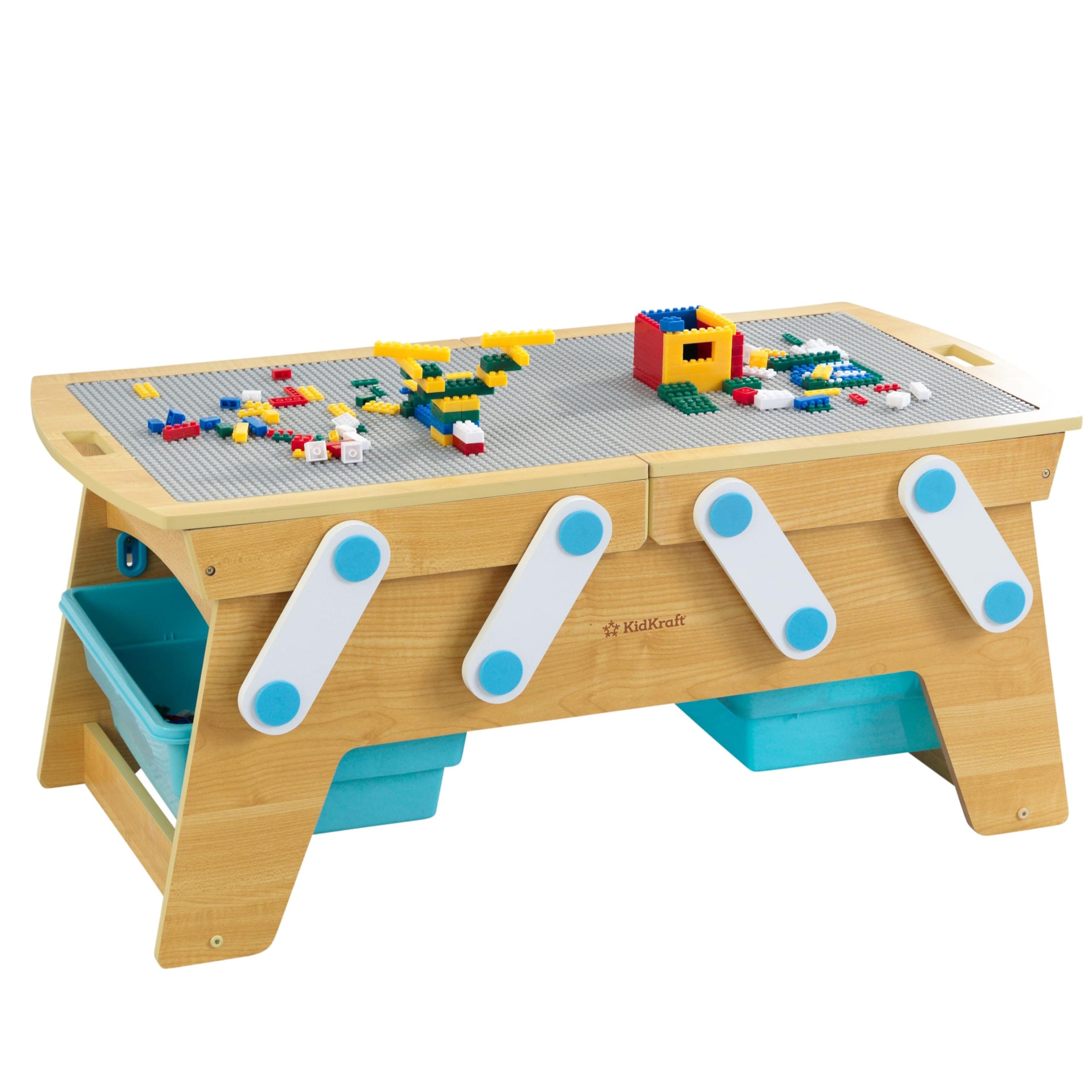 Building Bricks Play N Store Wooden Table, Children's Toy Storage with Bins, 200+ Building Blocks Included, Natural, Gift for Ages 3+