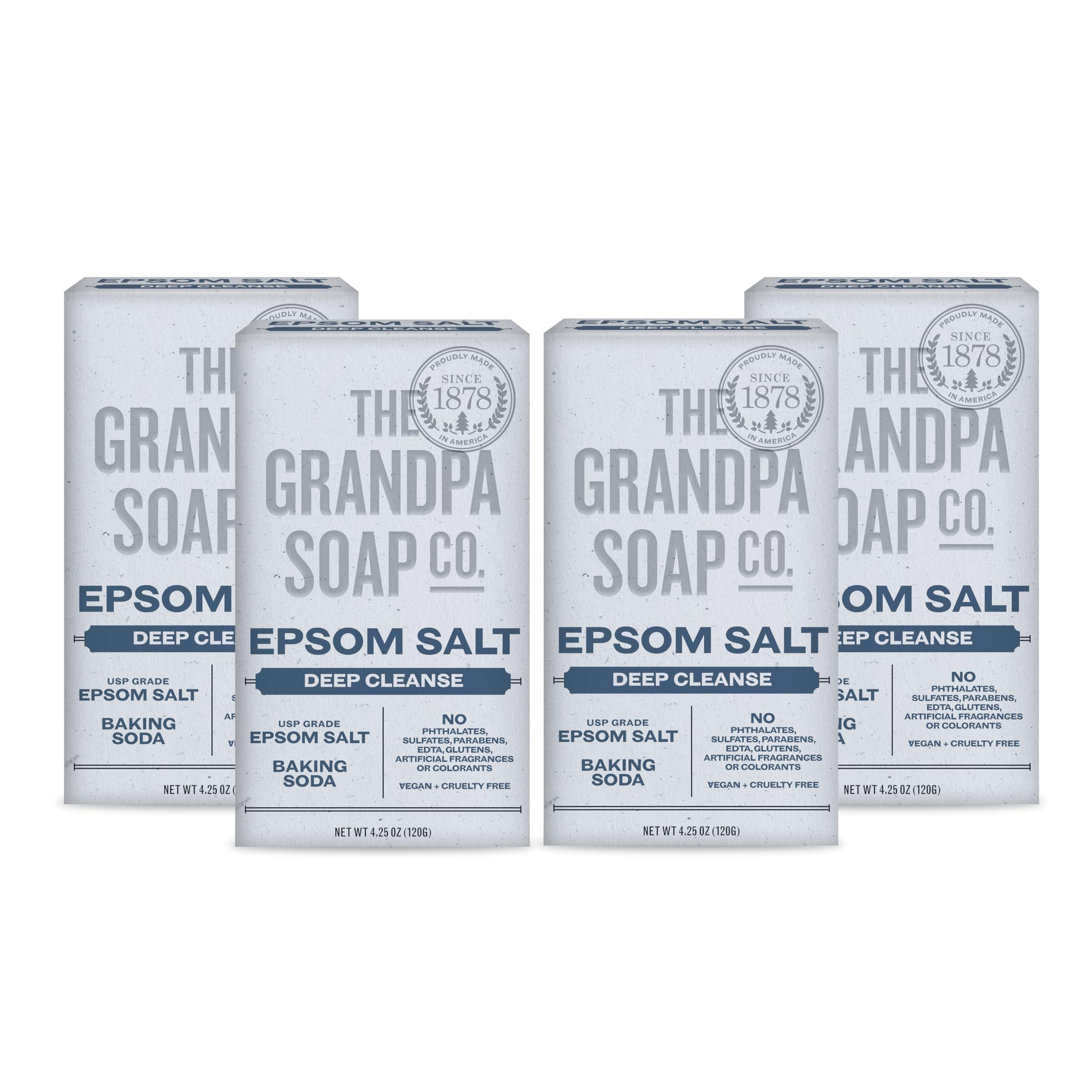 Epsom Salt Bar - Deep Cleansing , Made with Epsom Salt and Baking Soda, Removes Dirt Grease and Grime, Vegan, For Face and Body, 4.25 Oz, 4 Pack