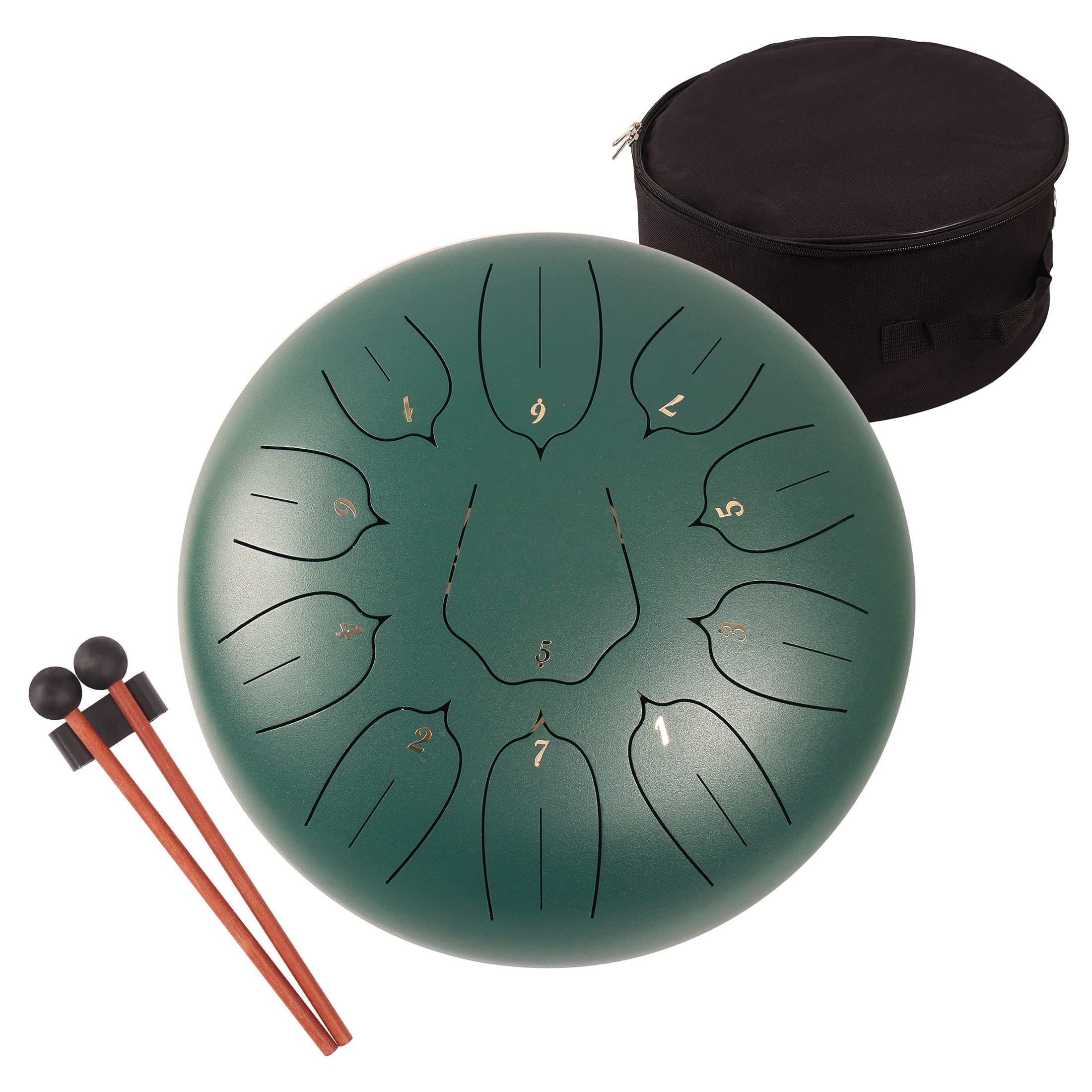 ANTETOK Hand-pan Steel Tongue Drum Kit, 11 Notes 12 Inches Hand Drum Percussion Instruments with Carry Bag Mallets for Meditation Entertainment Decompression Music and Gift(C Key, Green)