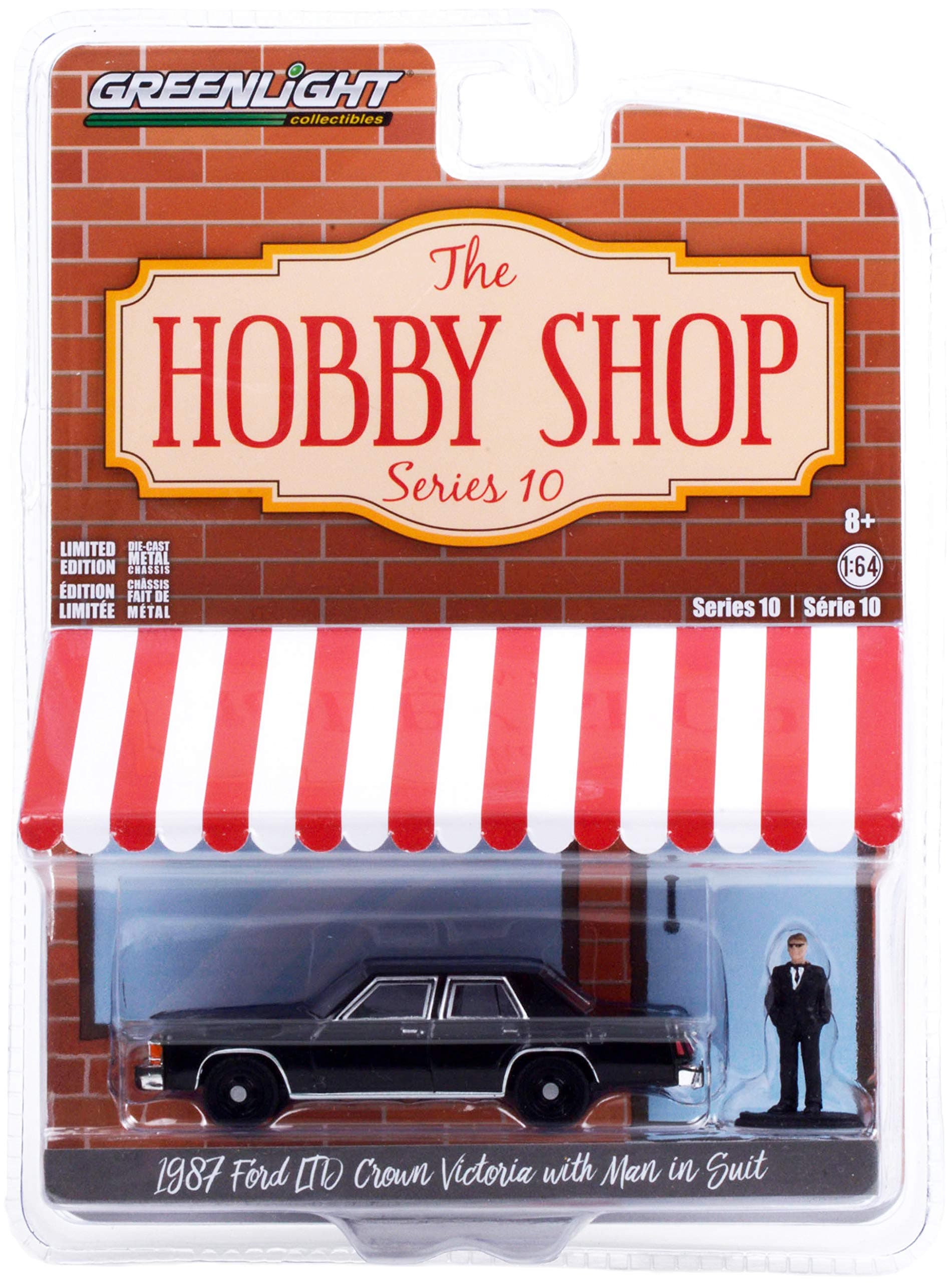 1987 Ford LTD Crown Victoria Black with Man in Black Suit Figurine The Hobby Shop Series 10 1/64 Diecast Model Car by Greenlight 97100 E