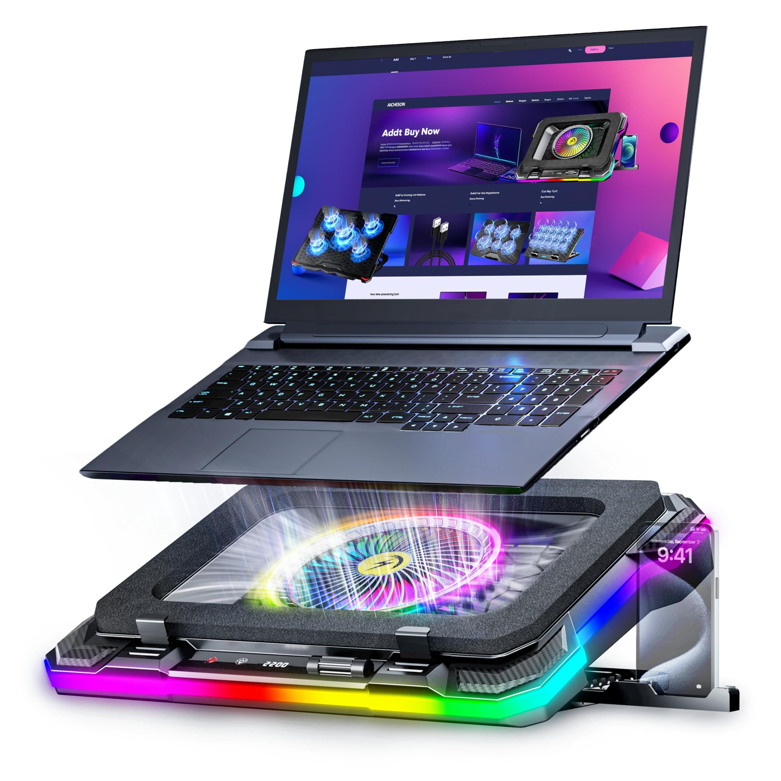 Gaming Laptop Cooling Pad with Full RGB Lights, Powerful Cooler Fan Stand for 15-19 inch Gamer Laptops and PC Computers