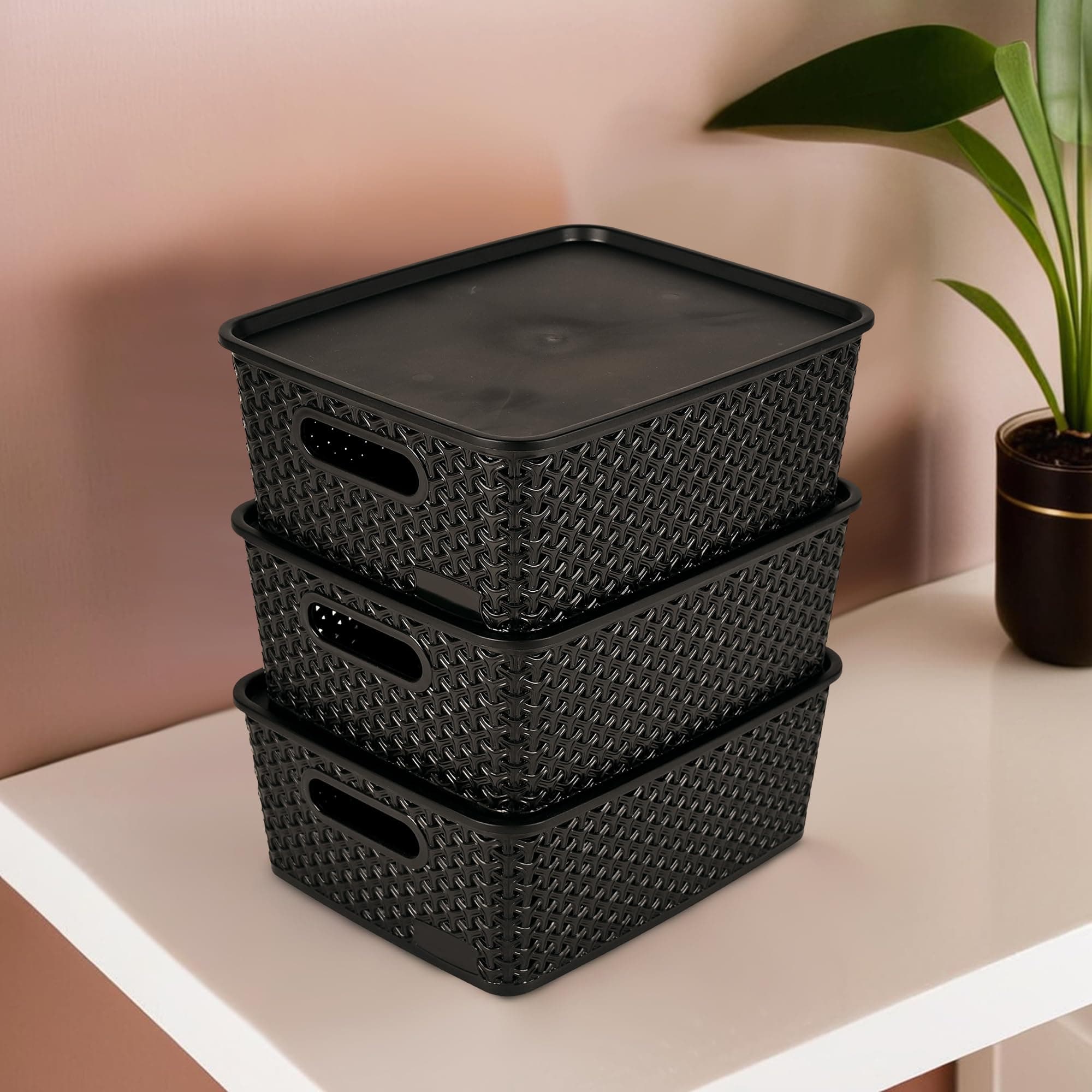 3 Pcs Stackable Plastic Rectangular Storage Box with Lid | H3 Multi-Purpose Basket for Storage - Ideal Home Organizers for Baby Dress, Stationary, Medicine & Pooja Items | Black