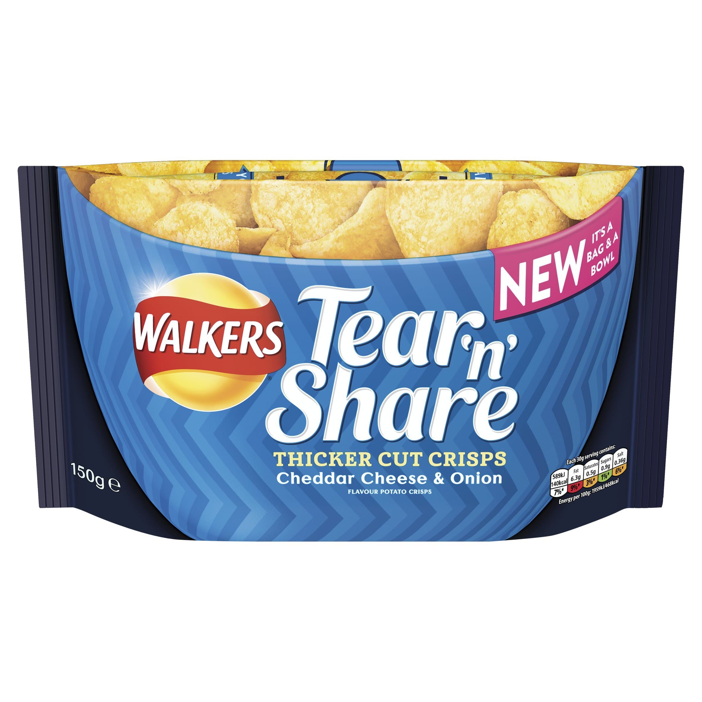 Walkers Tear and Share Cheddar Cheese and Onion Thicker Cut Crisps, 150 g