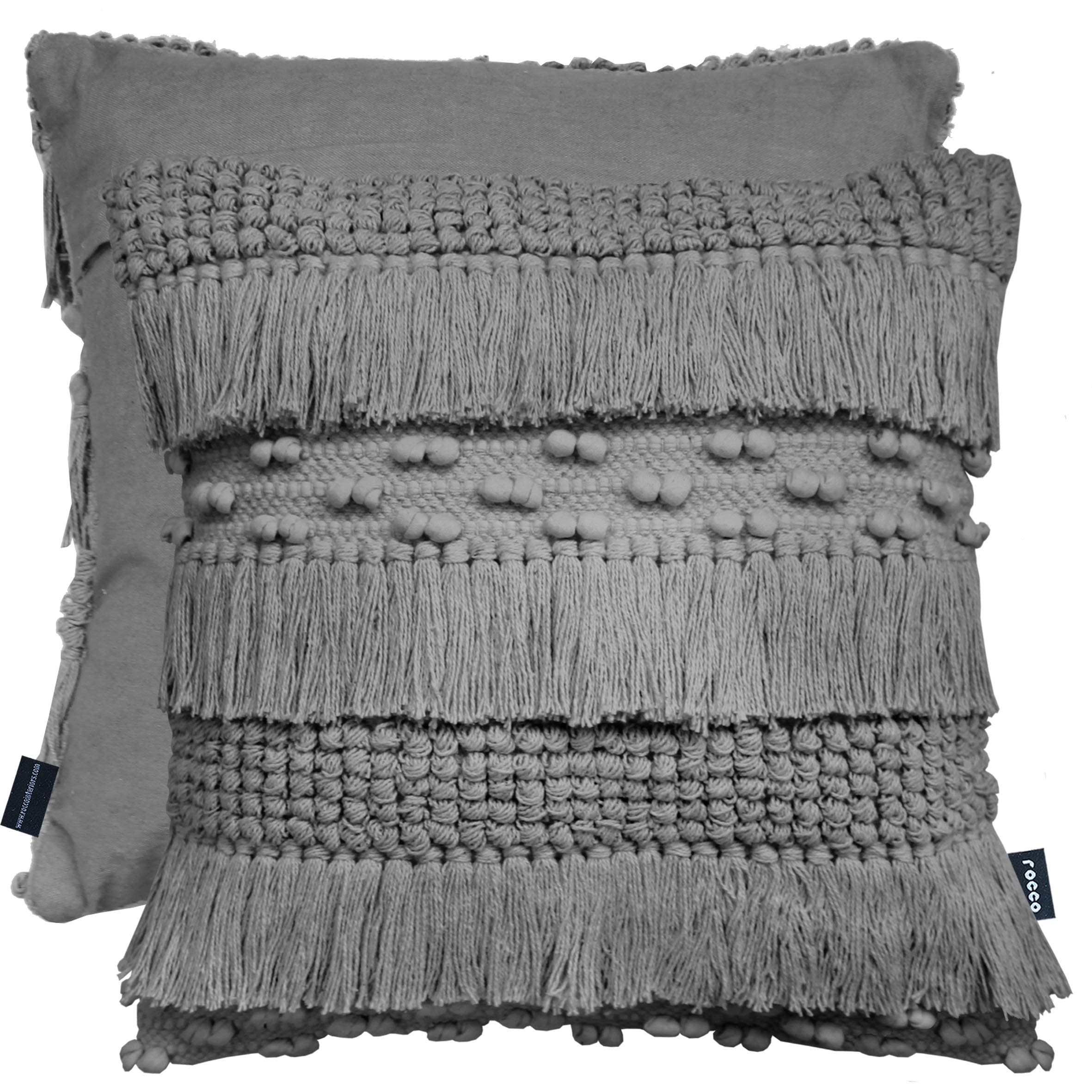 Cushion Cover Luxury Bohemian Thick Wool Textured Nordic Knit Tassel Pom Pom 100% Cotton Plain Back 17" x 17" (43 cm x 43 cm) (Grey)