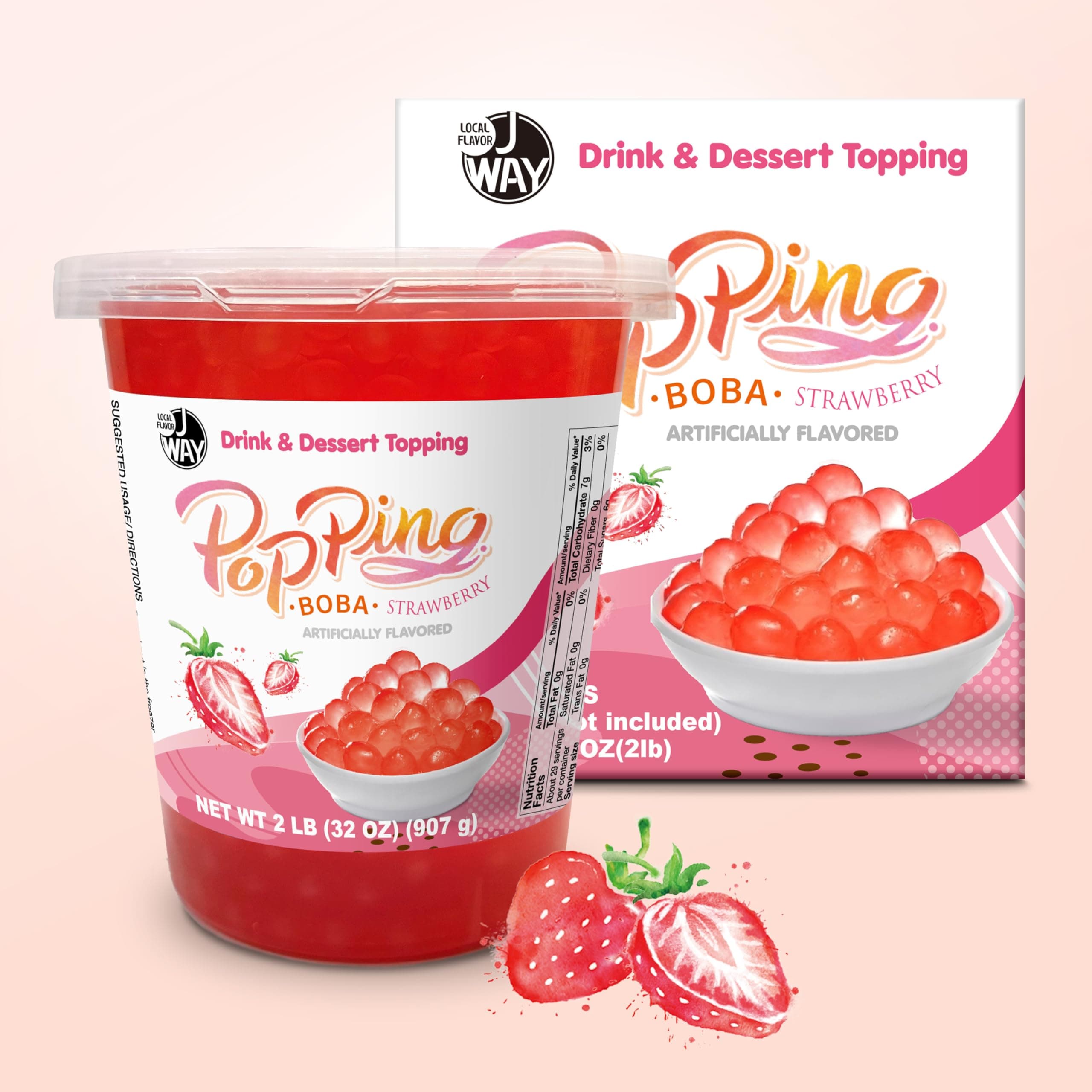 J WAY LOCAL FLAVOR J WAY Bursting Popping Strawberry Boba Pearl - Strawberry Popping Boba - Tapioca Popping Boba Strawberry - 2 lbs